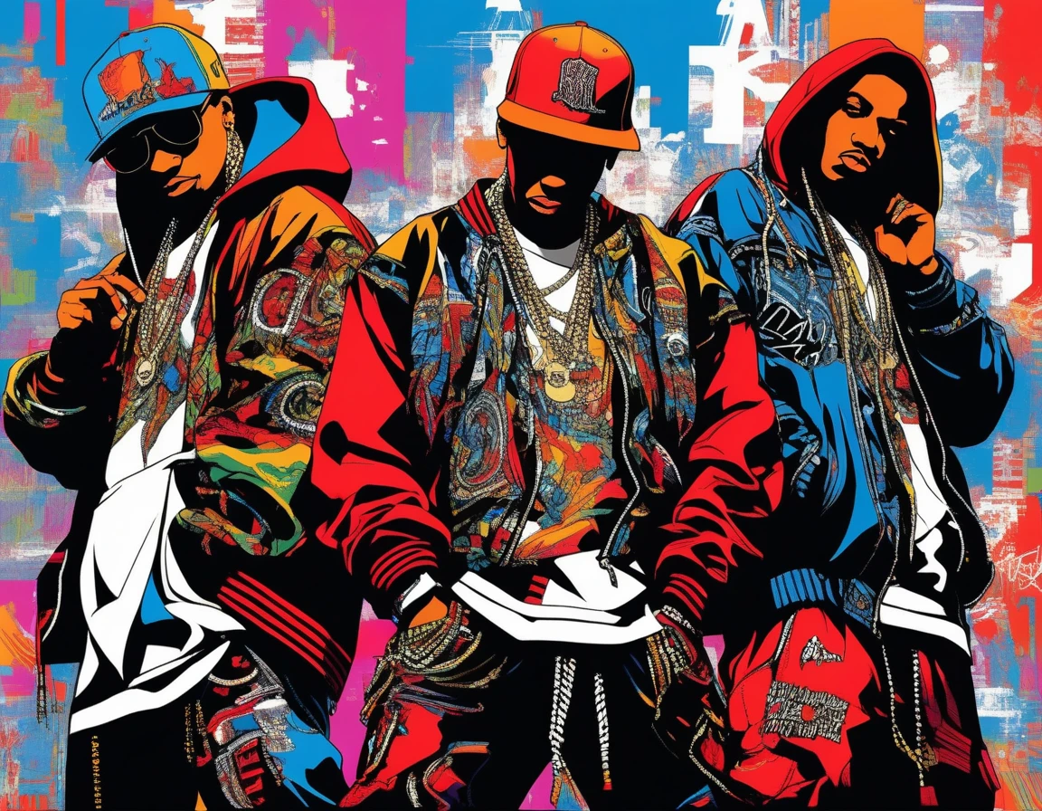 (masterpiece:1.2, highest quality), (Live Action, Intricate details),Hip Hop Style.Group of 3