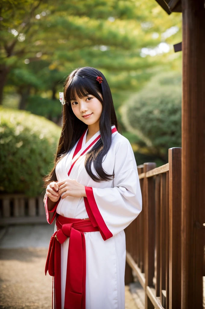 Red hakama, red Japanese style pants, Main hall of the shrine, Shrine maiden, ((full body)), ((photo)), ((best qualtiy, 8K, tmasterpiece: 1.3)), Focus: 1.2, perfect figure beautiful girl: 1.4, 1girl, cowboy shot, look at viewer, incredibly absurd, beautiful and cute girl with a photorealistic face, showcasing top-quality craftsmanship, Japanese girl sweeping the garden at the shrine, 17 years old, Her hair is half-up with smooth curls, glossy jet black long hair, Gentle features, Big deep brown eyes, Small face, Fair skin, Translucent, Smooth and silky skin, Natural eyebrow shape, Thin lips, Soft smile,, delicate, Well-balanced proportions, B cup small breasts, Simple and elegant shrine maiden costume, White robe and red hakama,, Beautiful girl, Clean, Healing, Moe, Elegant manners, kind, tolerant, humour, sincere, deep faith, January