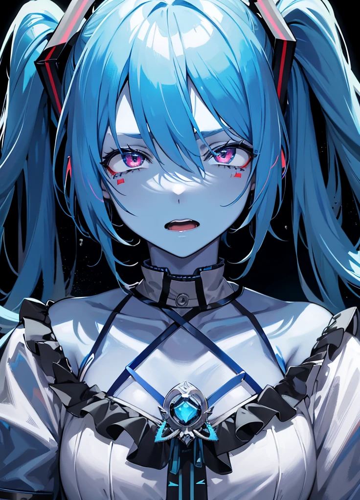 "Girl with intense and menacing gaze, confidently smirking.", Black hair, red eyes, red lips, dark unique outfit, aesthetic
