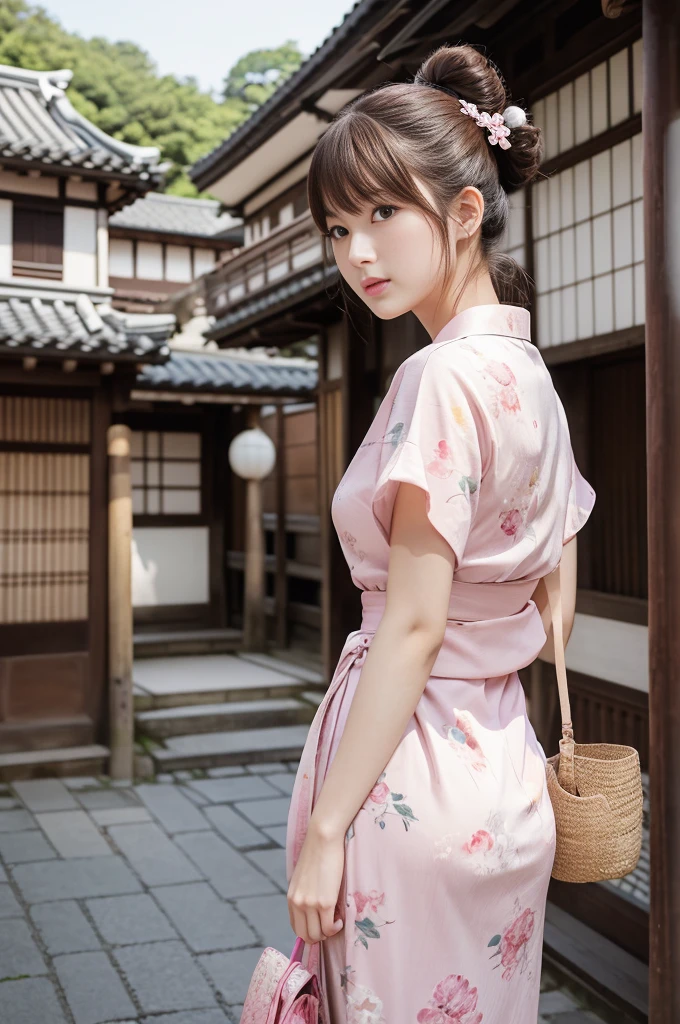 Japanese women、26 years old、princess、Hairpin、Bun Head、Pink kimono、Brown Hair、bangs、(RAW shooting, Photorealistic:1.5, 8k, highest quality, masterpiece, Ultra-high resolution), ((The background is the streetscape of the Edo period.、Old house、))、Farmer、Rural Scenery、countryside、Highly detailed skin and facial textures:1.2, Cute like an idol、aesthetic, Cute and sexy beauty, Perfect Style:1.2, Fair skin, Very beautiful face, Glowing White Skin, (Mid-chest)、Dutch Angle、Low - Angle、Shooting from behind、Walking、