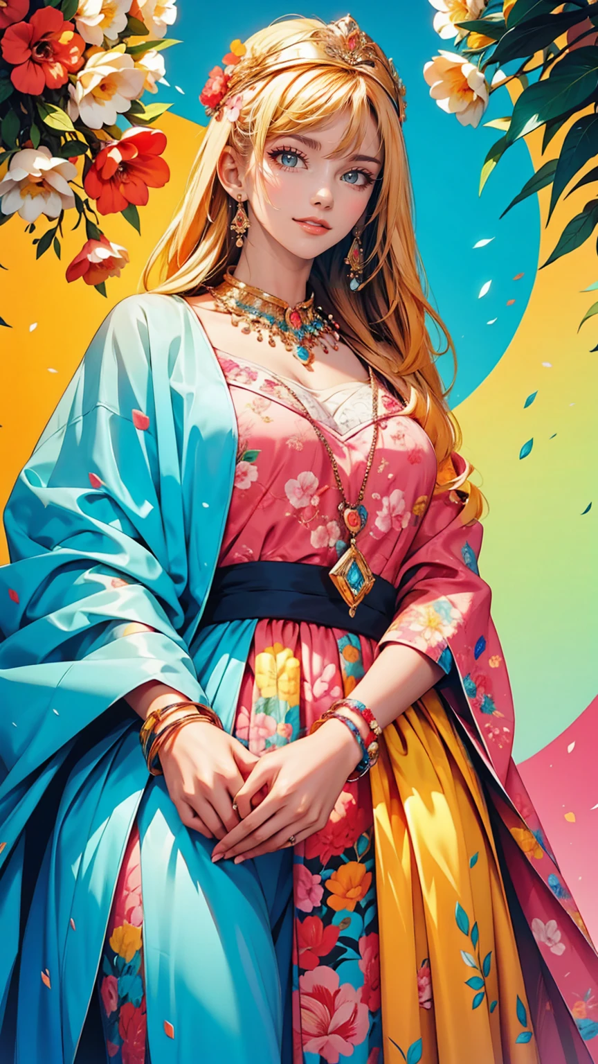 Bright colors, Beautiful Style, High-quality illustrations, Position of hand holding woman's chin, Elegant painting, Detailed illustrations of clothing and facial features.