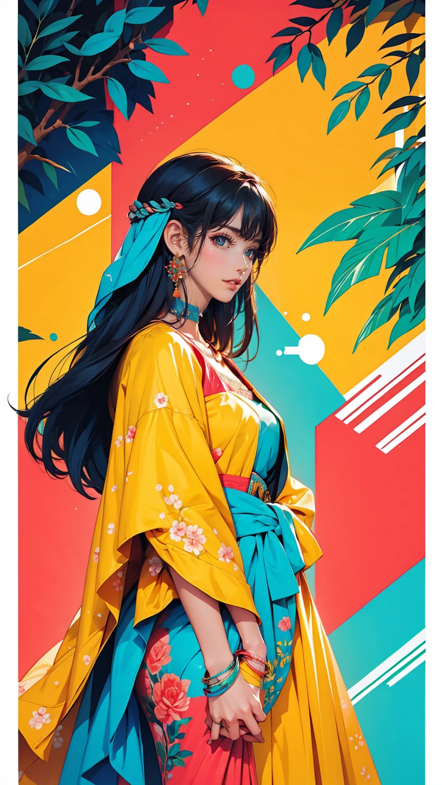 Bright colors, Beautiful Style, High-quality illustrations, Position of hand holding woman&#39;s chin, Elegant painting, Detailed illustrations of clothing and facial features.