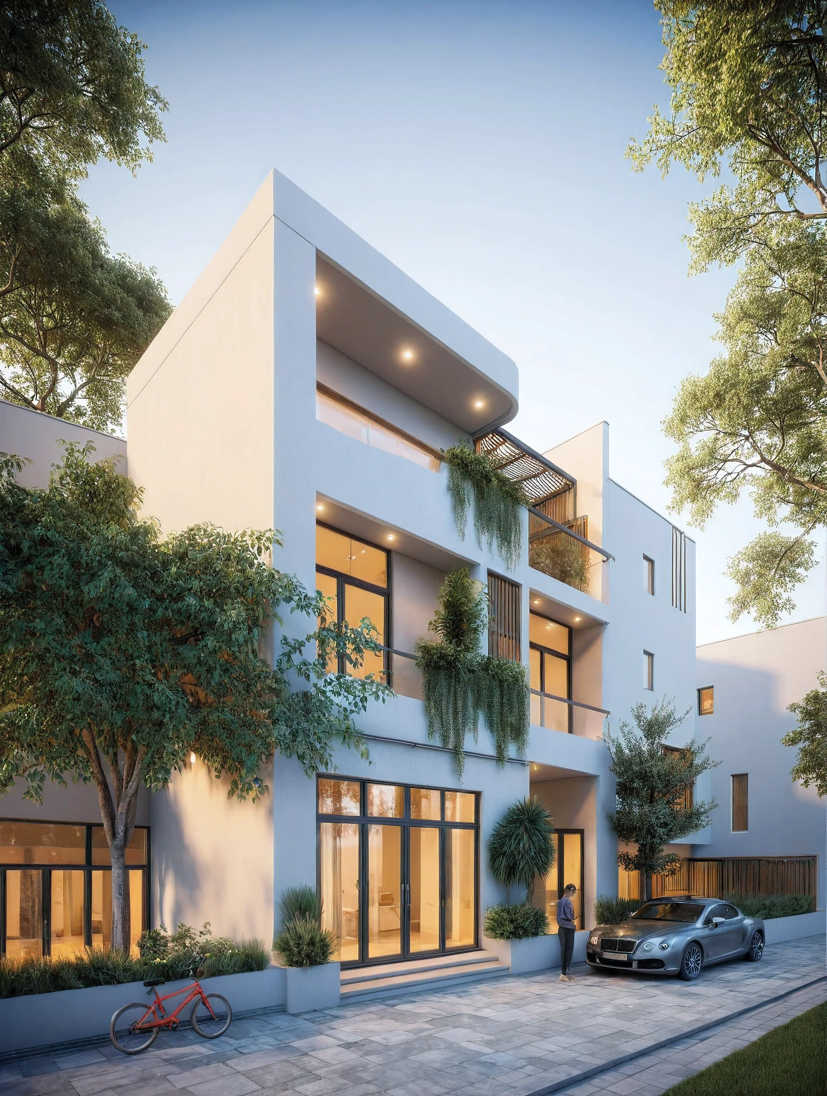 modern villa, modern style, exterior design, perspective view, white wall, (block sidewalks and asphalt roads), (next door neighbor's house), (sun light sky background), Low trees around the house, overall peaceful atmosphere cinematic photo, (Neutral lighting is suitable for the modern villa, light color thermometer sun light 5500 KEVIN), (architectural design visualization), (reflection), (focus on object), (material normal bump real reflection), (scattered light), (light ray), (multi-beam light), (sunbeam) (multi-level reflection), (chao vantge software visualization render),(((Best Quality))), ((Masterpiece)), ((best illustration)), ((best shadows)), ((Super Detail)), (Intricate lines), (Photorealism),(hyper detail), ((archdaily)), ((award winning design)), (dynamic light), ((day)), (perfect light), (shimering light), ((photorealistic)), ((intricate detail)), ((extreme detail)), ((science)), ((hyper-detail)), ((super detail)), ((super reality)), ((crazy detail)), ((octane render)), ((Cinematic)), ((trending on artstation)), ((High-fidelity)), ((Viwvid)), ((Crisp)), ((Bright)), ((Stunning)), ((Eye-catching)), ((High-quality)),((Sharp))((Bright)), ((Stunning)), Natural, ((Eye-catching)), ((Illuminating)), ((Flawless)), ((High-quality)),((Sharp edge render)), ((medium soft lighting)), ((photographic render)), ((detailed archviz)), Sunlight shines into the house, reality environment, spring setting, tropical style space, Aluminum gates, balcony doors, modern townhouse design windows