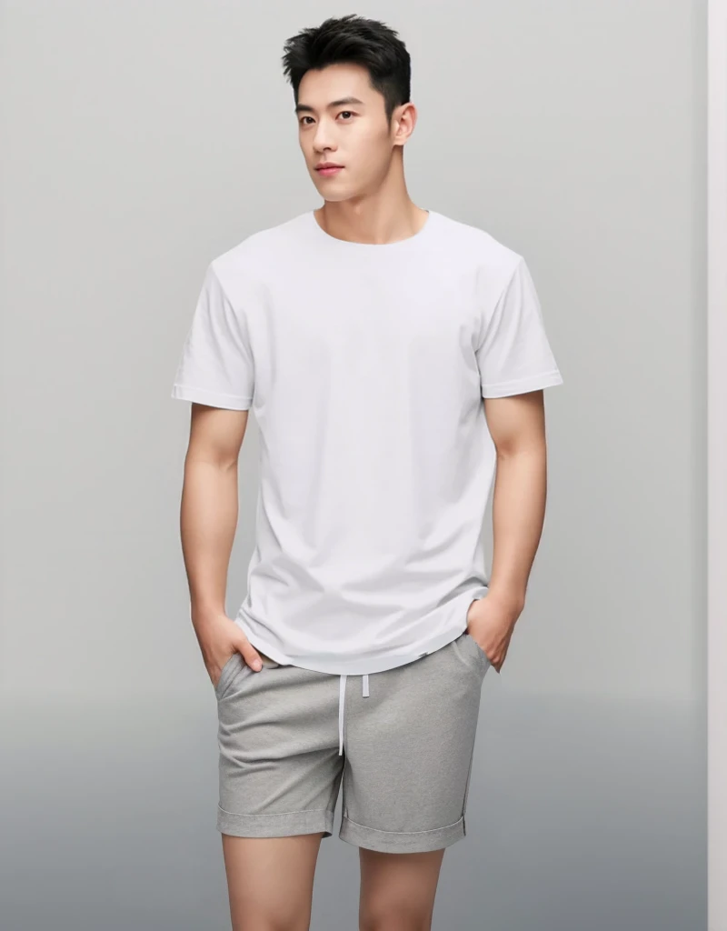 A Korean male model is wearing an oversized white t-shirt with no wrinkles on his chest and back, short sleeves, round neck, solid color, loose fit shorts. The background of the photo studio should be gray to highlight details. This will create a simple yet elegant look that perfectly blends comfort and style in everyday wear. High resolution photography 