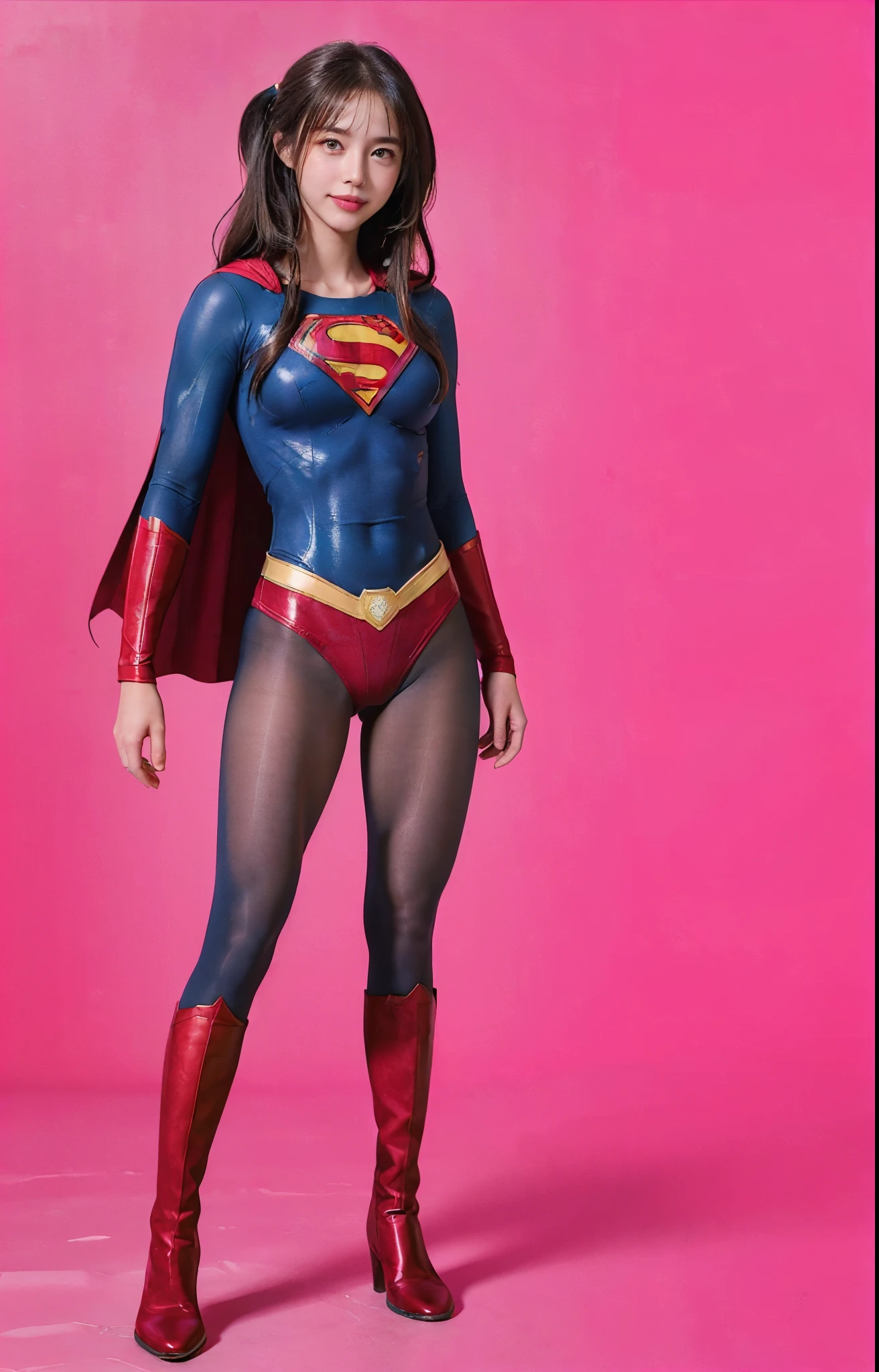 No background、(((Beautiful legs in black tights.)))、(((Legally express the beauty of your smile)))、((((Make the most of your original images)))、(((体にぴったりフィットするSupergirl Costume)))、(((Supergirl Costume)))、(((Beautiful twin tail hairstyle)))、(((She is winking cutely.)))、(((Please wear black tights....、Wear red boots)))、((Best image quality、8k))、((highest quality、8k、masterpiece:1.3))、(((Preserve background )))、Sharp focus:1.2、Beautiful woman with perfect figure:1.4、Slim Abs:1.2、Wet body:1.5、Highly detailed face and skin texture、8k