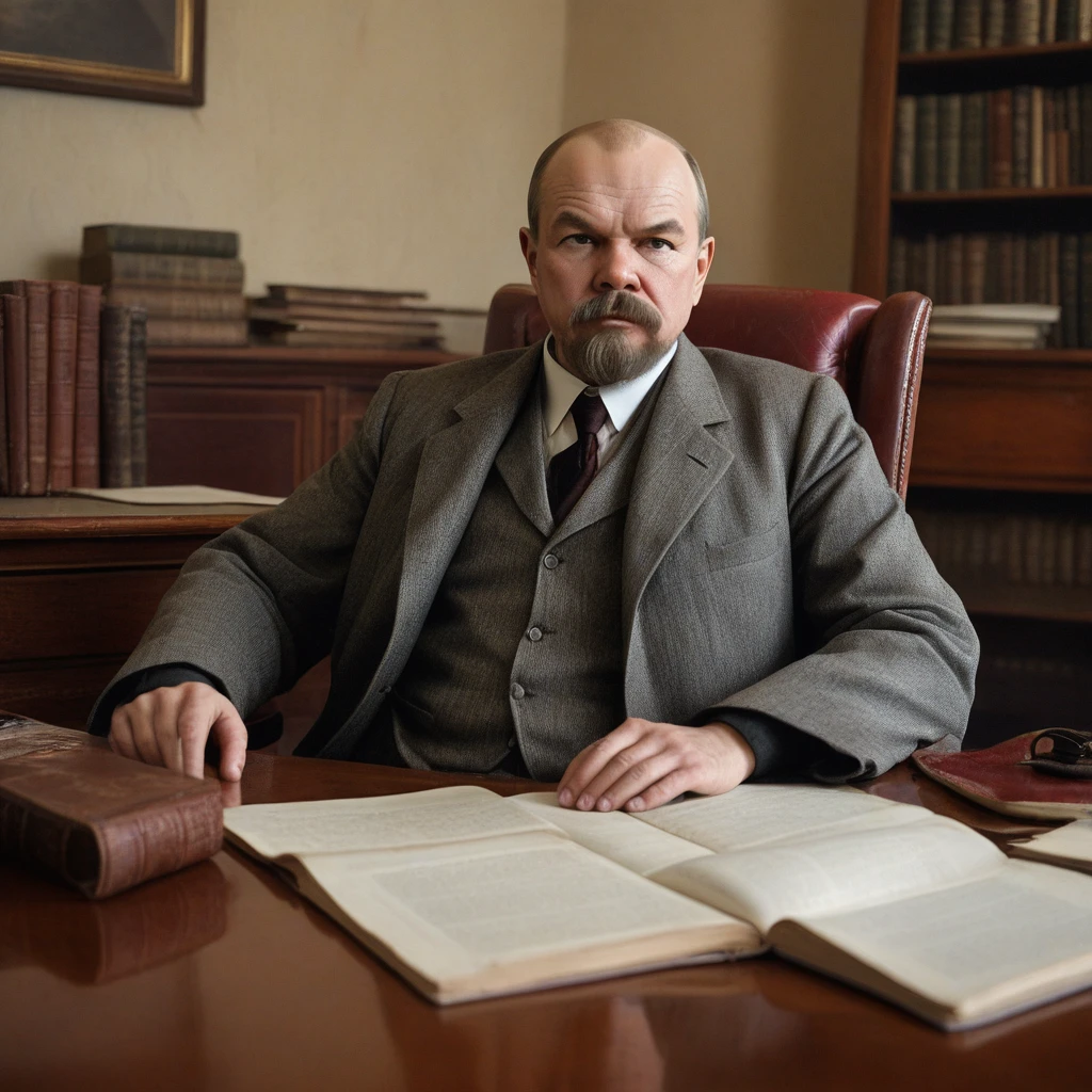 "Create a realistic image of Vladimir Lenin sitting in his office. He should be dressed in his iconic suit but without a hat. The background should depict a historical office setting with period-appropriate furniture, books, and documents, reflecting the early 20th-century Russian revolutionary period."