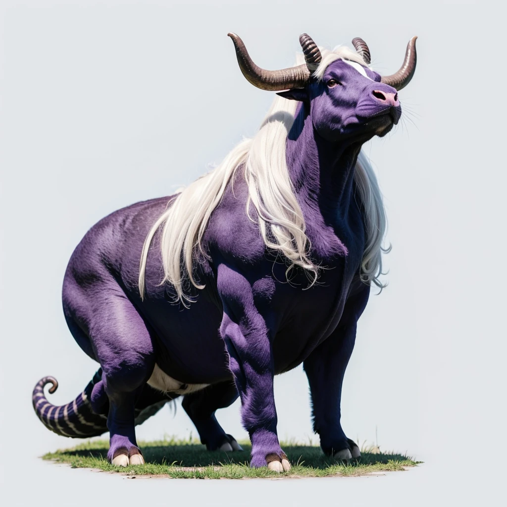 Big Animaly, has purple stripes on his skin, (has long horns), his body is shaped like a big bull but his face is like a ant and snail, own Curly hair, white hair colour, Grassroots in the forest background