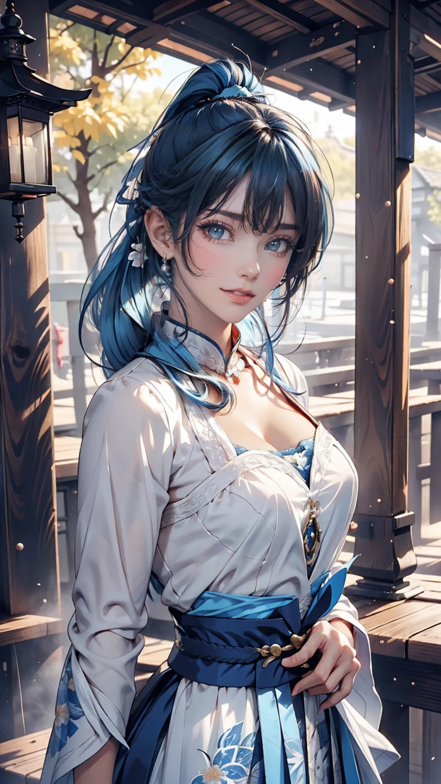 (masterpiece), (highest quality), (Super detailed),(Disheveled Hair),(figure), (One girl), Are standing, smile, Beautiful fine details, Bright Blue Eyes, Beautiful face in every detail, (kamisato ayaka: 1.2), Focus on the face, ponytail, kamisato ayaka(Genshin Impact), Light blue hair, Detailed Hair, bangs, Best lighting, Best Shadow, Very detailed, Vibrant