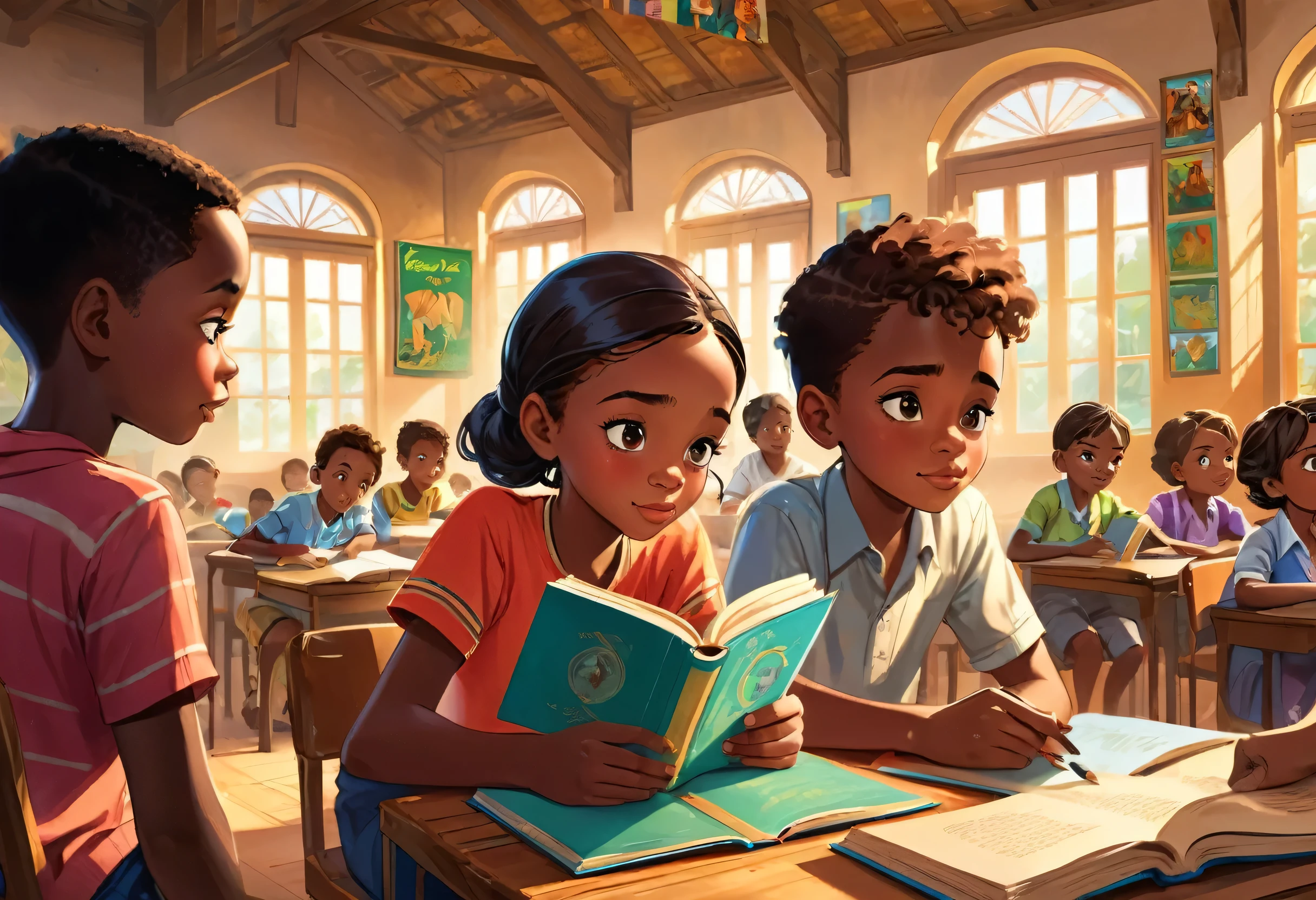 Two boys and a girl of 11 years old, (African) reading a book in a beautiful classroom (masterpiece best quality:1.2) delicate illustration ultra-detailed,  (disney-related event) indoor, (classroom),  detailed background, illustrations, bright, colourful, 