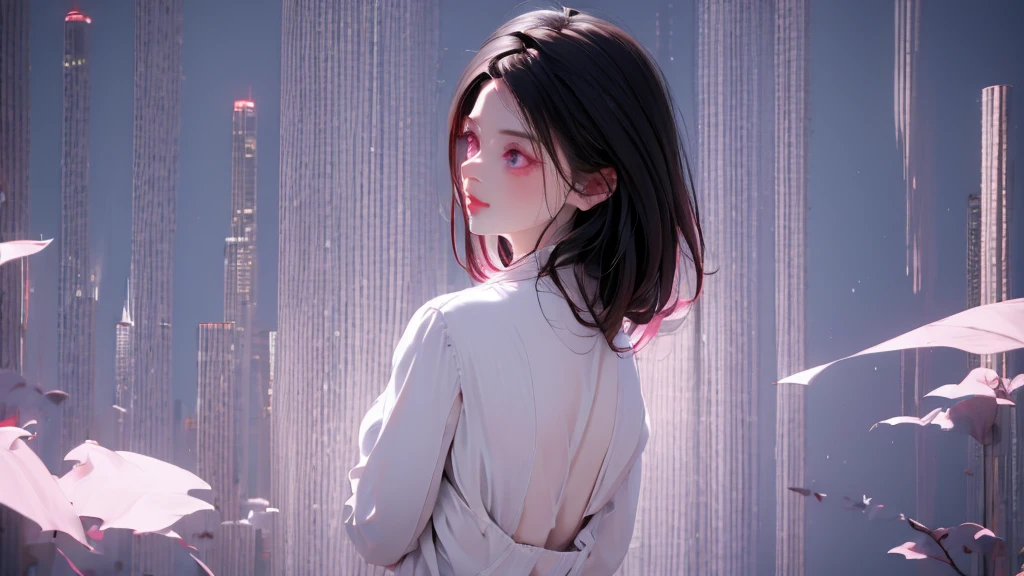 1 girl, medium light black hair, light pink eyes, wearing white suit,night city, absurdres, high res, ultrasharp, 8K, masterpiece, looking from behind