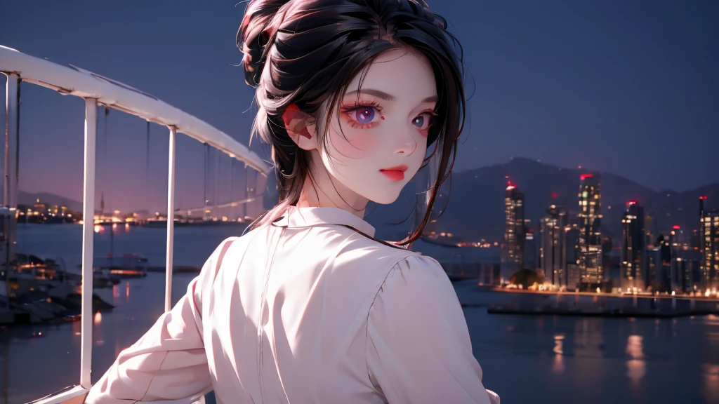 1 girl, medium light black hair, light pink eyes, wearing white suit,night city, absurdres, high res, ultrasharp, 8K, masterpiece, looking from behind