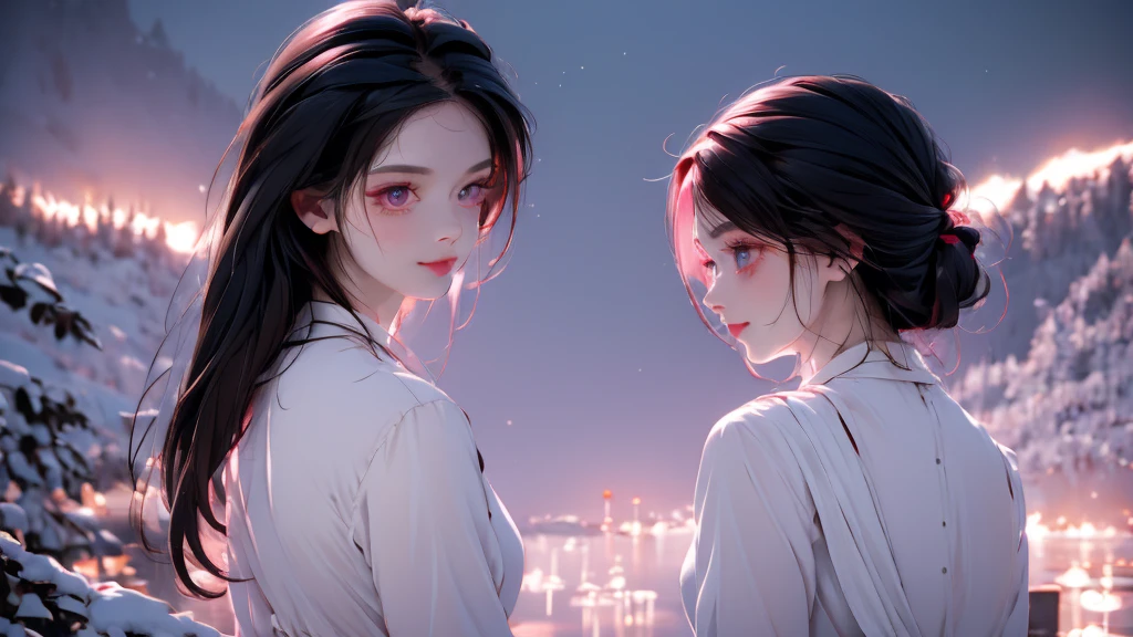 1 girl, medium light black hair, light pink eyes, wearing white suit,night city, absurdres, high res, ultrasharp, 8K, masterpiece, looking from behind