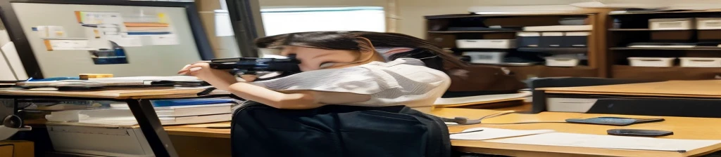 Please create a live-action image with the following elements: Inside an office - Cameras and lenses are lined up on a shelf - A Japanese woman is taking pictures with a camera and lens on a workbench at the back of the office - The image size should be 1200 pixels wide x 270 pixels high