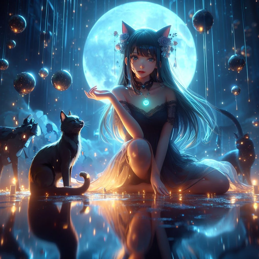 Beautiful moonlit night seaside, waves illuminated by moonlight, Calm and quiet waves、Very beautiful cat ears woman looking at you on the beach at night, mysterious smile, beautiful black eyes, long black hair, (( The woman's face is beautiful and detailed)), Wet and glowing, black dress, black semi-long cart, Barefoot)), ((highest quality)), ((high resolution 16k)), ((The background is realistic and beautiful.)), --automatic