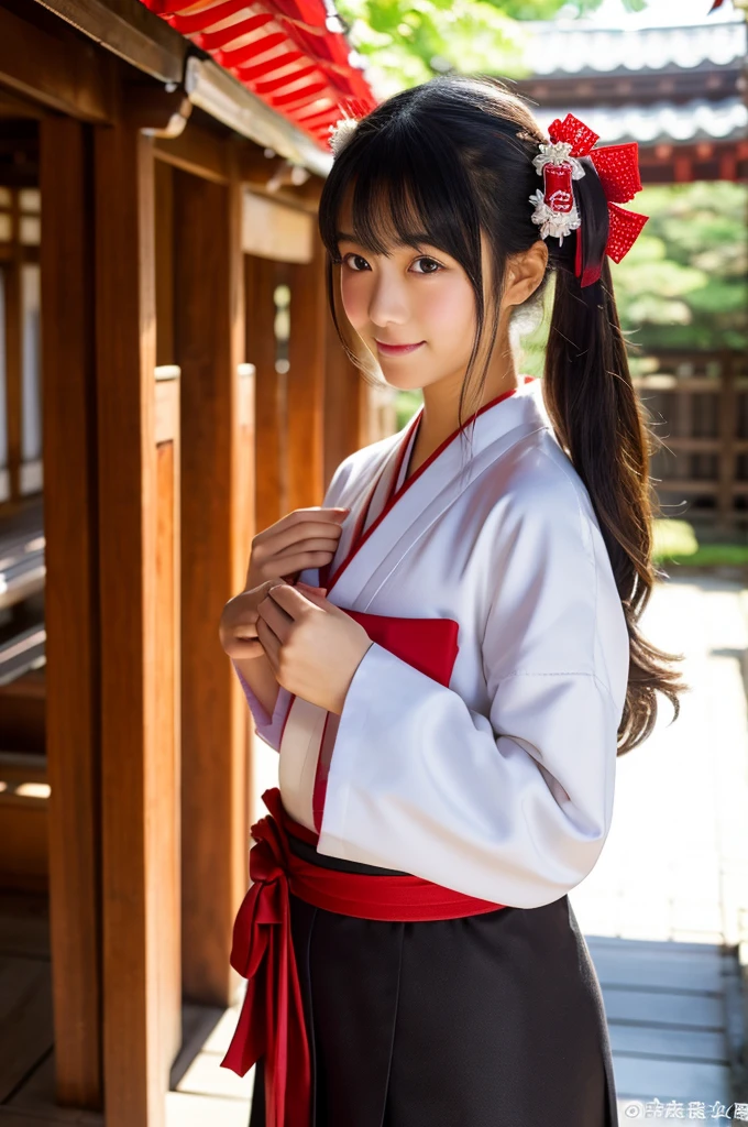 Red hakama, red Japanese style pants, Main hall of the shrine, Shrine maiden, ((full body)), ((photo)), ((best qualtiy, 8K, tmasterpiece: 1.3)), Focus: 1.2, perfect figure beautiful girl: 1.4, 1girl, cowboy shot, look at viewer, incredibly absurd, beautiful and cute girl with a photorealistic face, showcasing top-quality craftsmanship, Japanese girl sweeping the garden at the shrine, 17 years old, Her hair is half-up with smooth curls, glossy jet black long hair, Gentle features, Big deep brown eyes, Small face, Fair skin, Translucent, Smooth and silky skin, Natural eyebrow shape, Thin lips, Soft smile,, delicate, Well-balanced proportions, B cup small breasts, Simple and elegant shrine maiden costume, White robe and red hakama,, Beautiful girl, Clean, Healing, Moe, Elegant manners, kind, tolerant, humour, sincere, deep faith, January