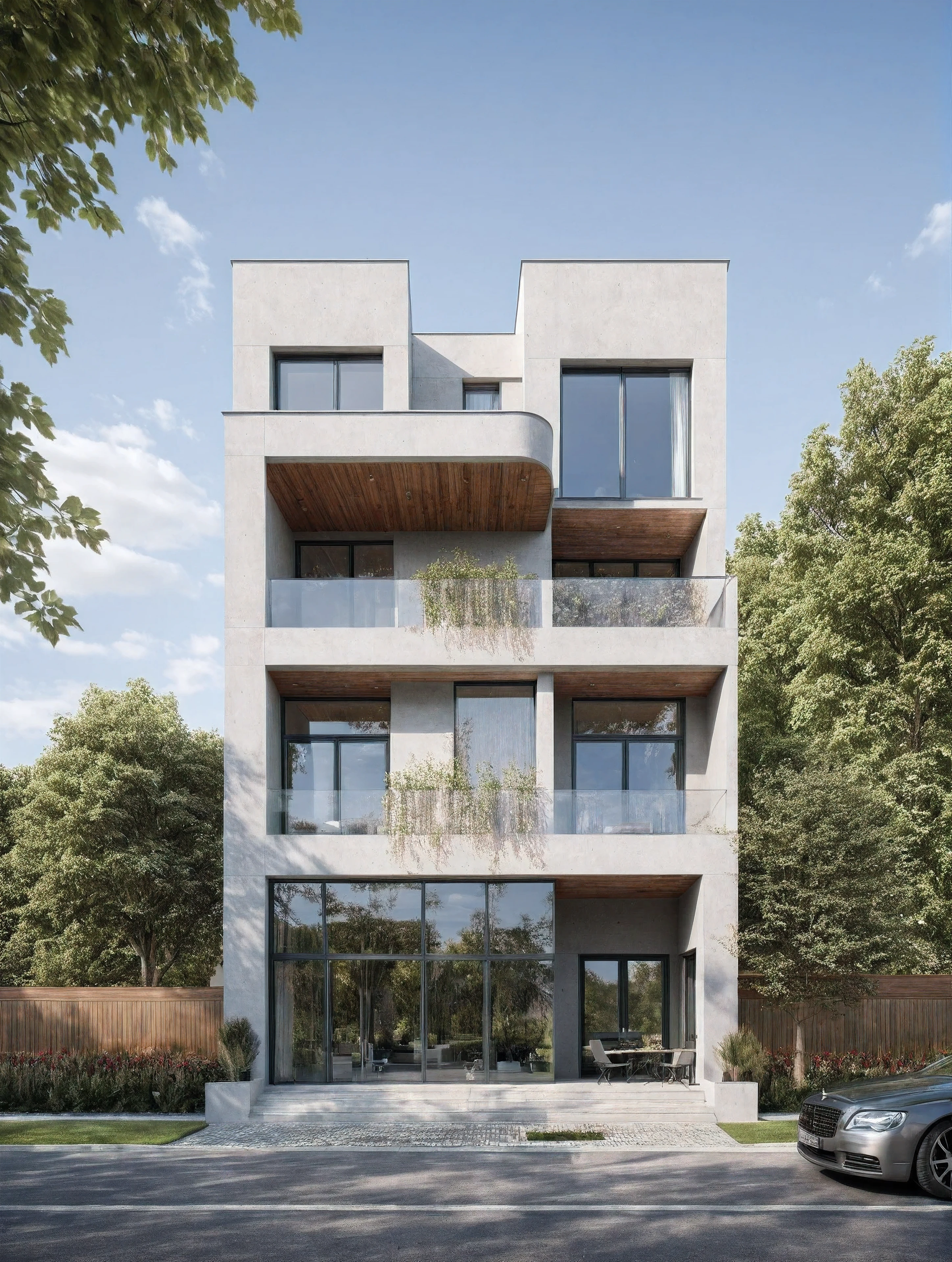 villa moderne, (style moderne:1.2), exterior design, vue de perspective, (block sidewalks and asphalt roads), (la maison du voisin d'Beside), (jour light sky background), Arbres bas autour de la maison, atmosphère globalement paisible photo cinématographique, (L'neutral lighting suitable for the modern villa, clear color thermometer sunlight 5500 KEVIN), Hyperrealistic art, professionnel, 8k, very detailed ï¼, (visualisation de la conception architecturale), (reflection), (se concentrer sur un objet), (material normal bump real reflection), (Scattered light), (hidden light) (rayon de lumière), (lumière multifaisceaux), (rayon de soleil) (multi-level reflection), (rendu de visualisation du logiciel corona:1.2),(((Best quality))), ((chef-d'artwork)), ((meilleure illustration)), ((meilleures ombres)), ((Great detail)), (Lignes complexes), (photorealism),(hyper detail), ((archaic)), ((Award-winning design)), (dynamic light), ((jour)), (Lumière parfaite), (Shimmering light), ((photorealistic)), ((complex detail)), ((extreme detail)), ((science)), ((hyper-detail)), ((Great detail)), ((super realistic)), ((Crazy Detail)), ((rendu d'octane)), ((cinematic)), ((tendance sur artstation)), ((High fidelity)), ((video)), ((croustillant)), ((Brillant)), ((Superbe)), ((Attrayant)), ((High quality)),((pointu))((Brillant)), ((Superbe)), naturel, ((Attrayant)), ((Enlightening)), ((impeccable)), ((High quality)),((pointu edge render)), ((moderately soft lighting)), ((rendu photographique)), ((detailed archiving)), {real environment|spring adjustment|espace de style tropical}