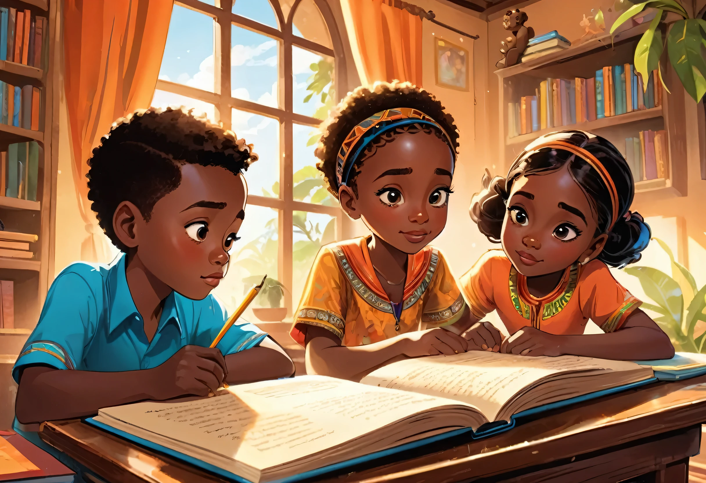 Two boys and a girl of , (African) reading a book in a beautiful classroom (masterpiece best quality:1.2) delicate illustration ultra-detailed, (disney-related event) indoor, (classroom), detailed background, illustrations, bright, colourful,