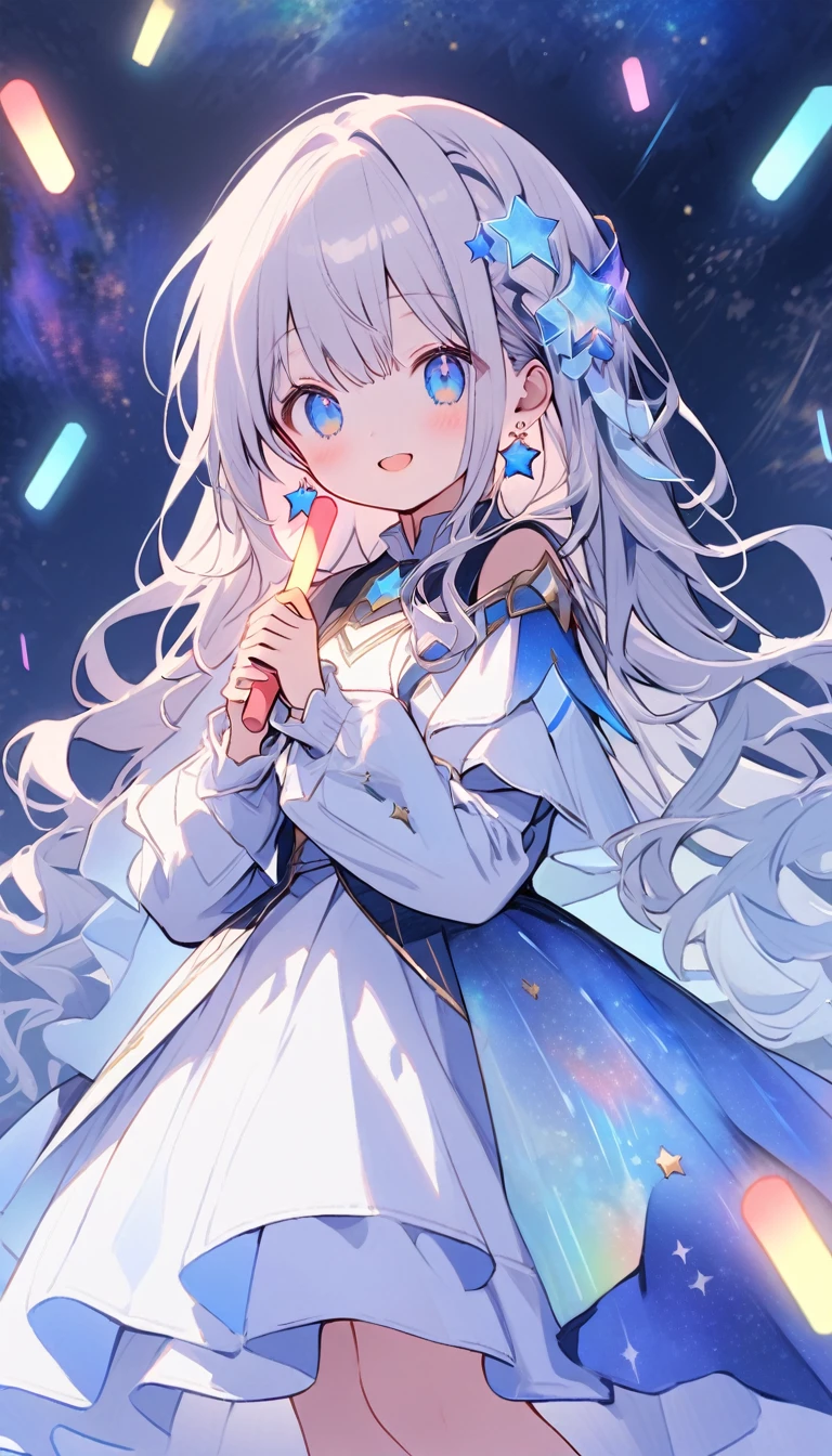 ((((Ethereal atmosphere, starry sky))), 1girl, singing, (standing pose), ((celestial clothing)), (silver hair), (glowing blue circuits), (long sleeves), (glowstick), (tiny stars around head), (starry background), (cosmic lights in the sky), (sparkling blue aura), (tiny stardust within aura), (tiny crystals on shoulder), (star-shaped earrings), (crystals on feet), ((wide shot)), facing viewer ((half-turned)), (arms relaxed), (looking down at feet), (music notes floating around), (song wavy lines near feet), (stars within aura), big smile, (joyful eyes), (aurora-like glow on fingers), (tiny sparks shooting from fingers), (cosmic lights around), background starry night)