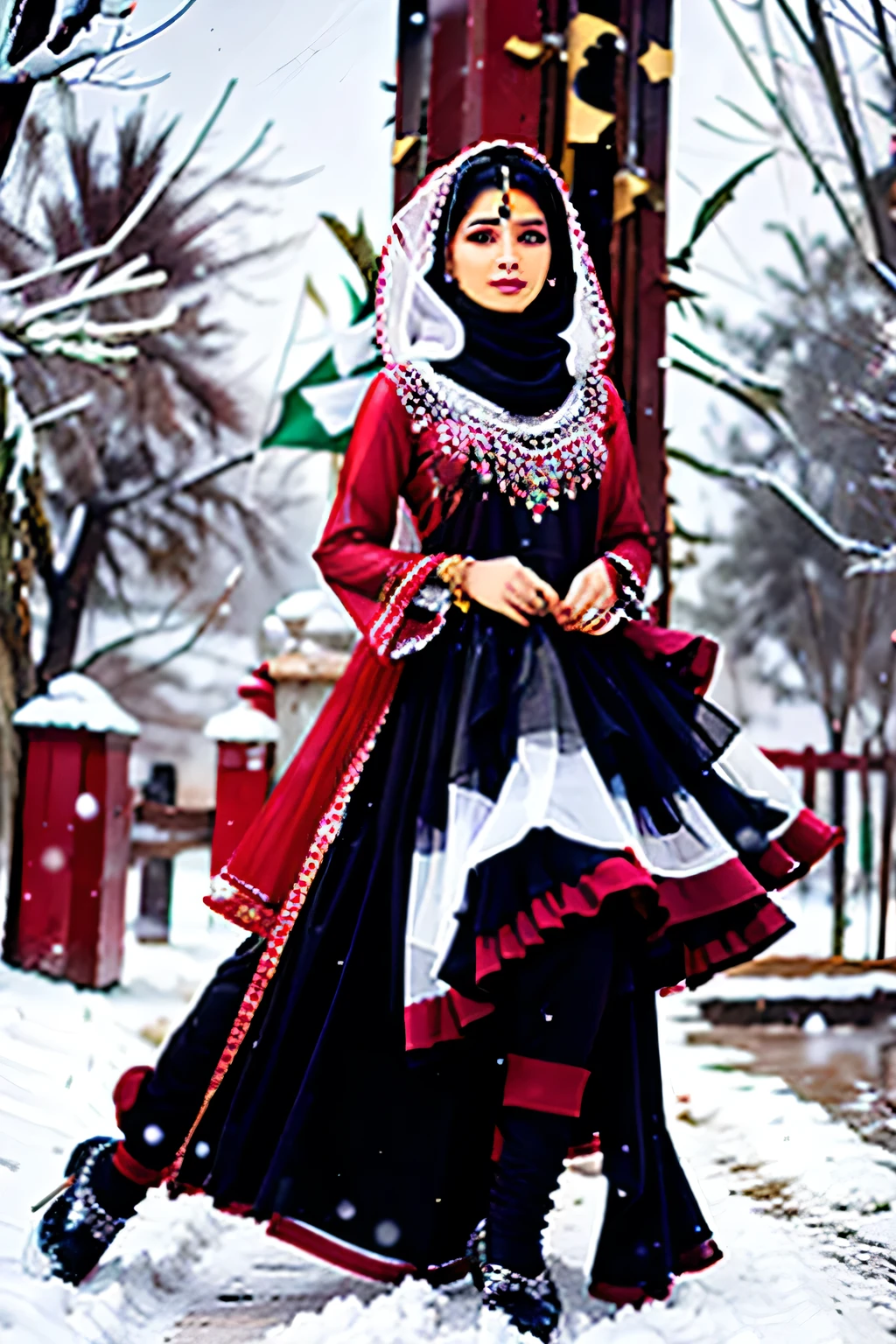 fashion photoshoot of cute 2 Pakistan women , wearing a red haute couture ruffled dress, on a snowy day in Pakistan countryside --ar 2:3