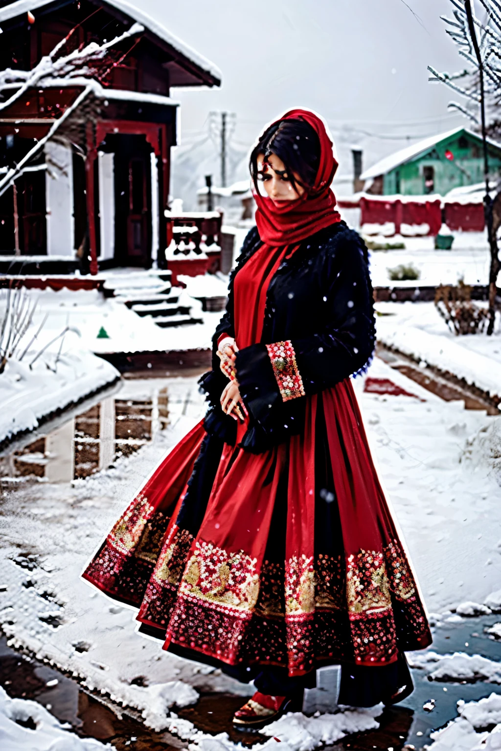 fashion photoshoot of cute 2 Pakistan women , wearing a red haute couture ruffled dress, on a snowy day in Pakistan countryside --ar 2:3
