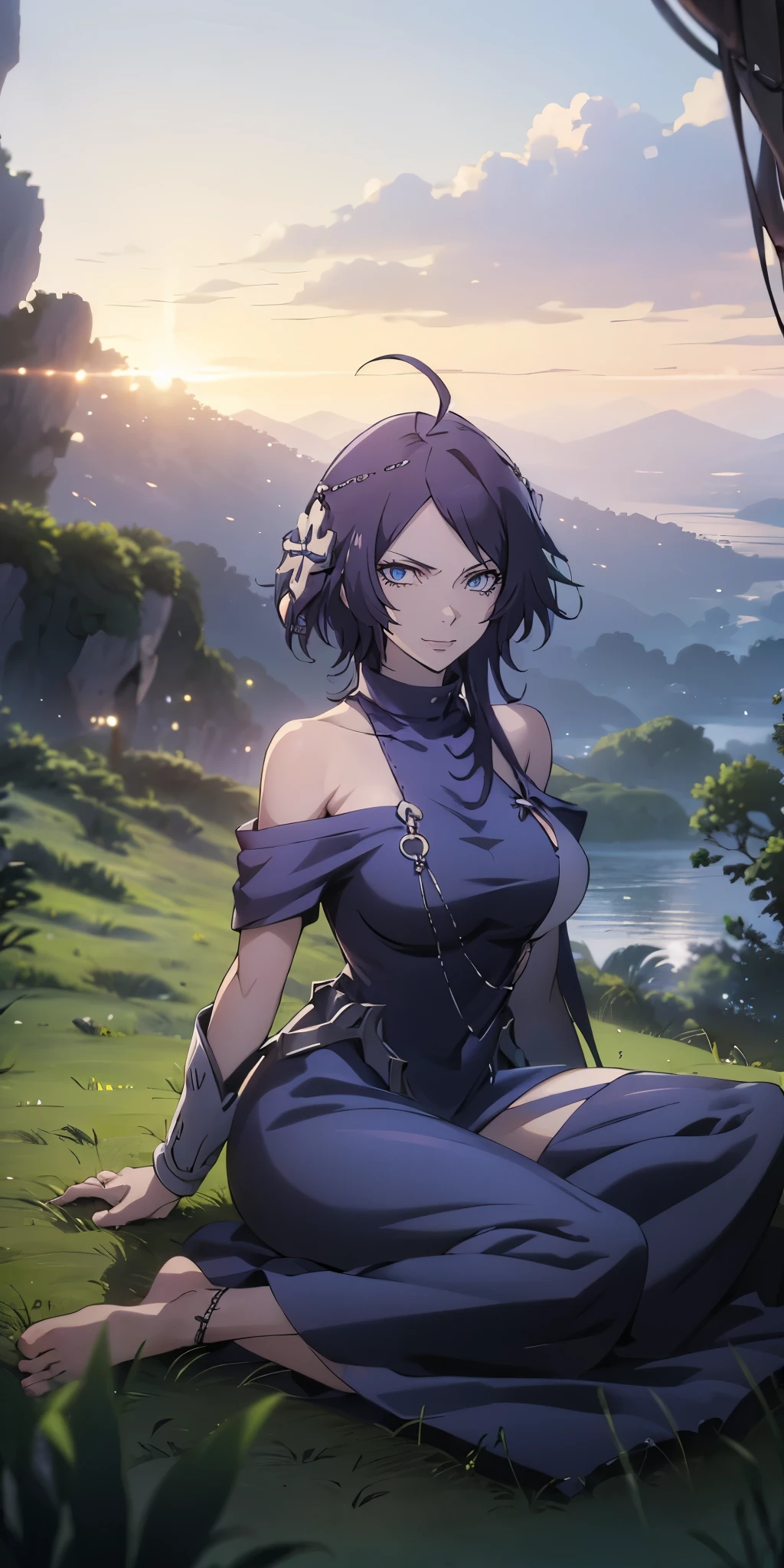 MC, ahoge, (long hari, purple hair:1.3), hair ornament, dark-blue eyes, breasts, epic art, fantasy, 1girl, grass, solo, barefoot, sitting, breasts, mountain, sunset, dress, bare_shoulders, outdoors, looking_at_viewer, off_shoulder, field, sky, lake, collarbone, mountainous_horizon, indian_style, twilight, tree, black_dress, large_breasts, scenery, medium_breasts, feet, off-shoulder_dress, (bokeh:1.3), rock, hollow eyes, bright pupils, dark-blue eyes, looking at viewer. (glowing eyes:1.3), heavy breathing, smirk, upper teeth,
