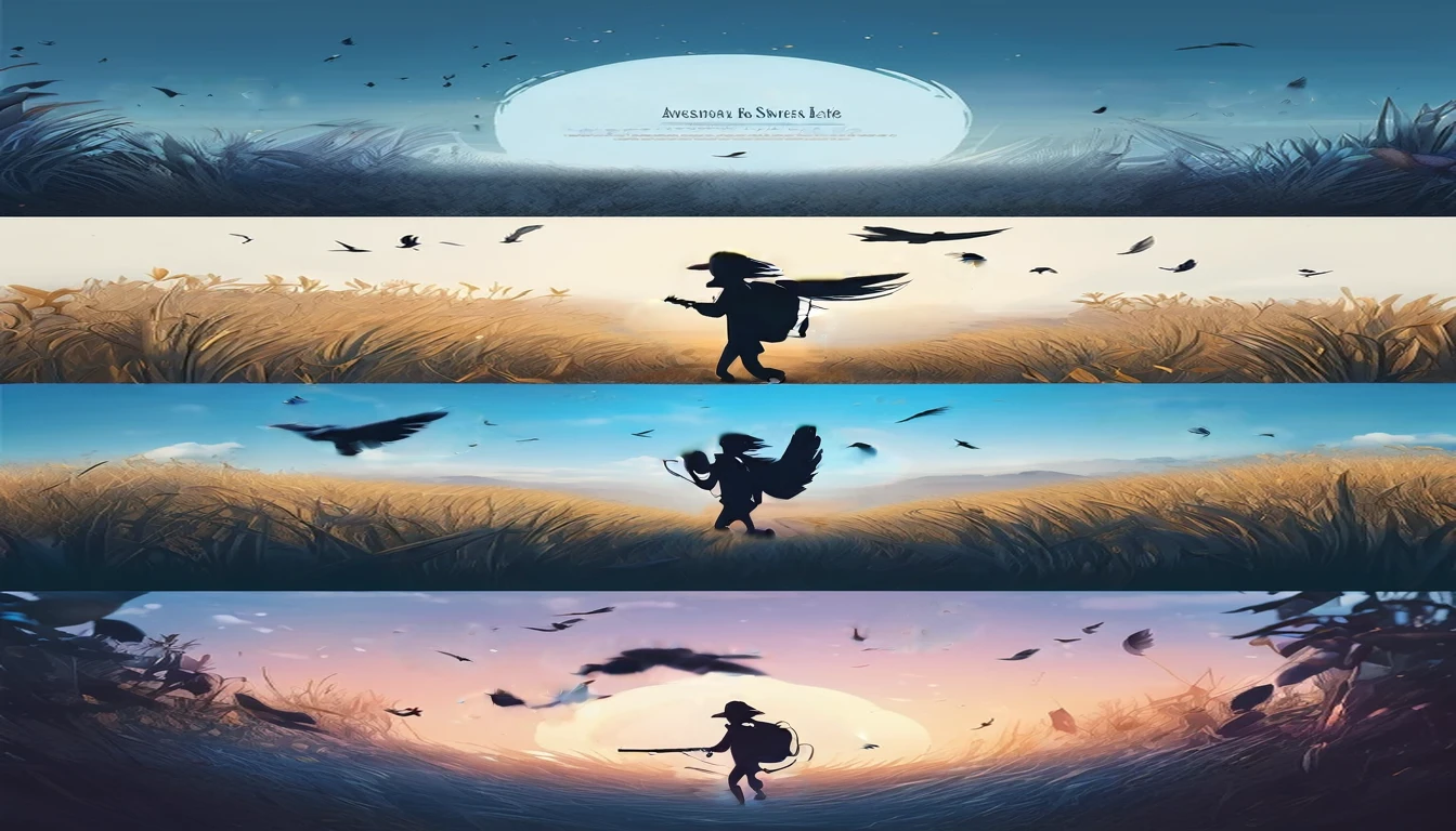 Create a professional, fantastic, cinematic Youtube Banner for a brand about music and stories called " Penamemoria". Masterpiece, 4k, sharp focus, highest quality,wide shot. Imagine a half a feather, half a fantasy boy. The title is " Penamemoria". Is a brand about the creative, unique journey of a boy into becoming a musician storyteller. In his journey he finds inspiration in a world of birds and feathers. Minimalistic, simple, poetic, dreamy logotype at the center of the image. The Background image is a world full of fantastic feathers, unique birds, light blue sky, and a boy running happily into the horizon with an acoustic guitar in his right hand. Boy running against the wind, almost simulating like he is flying