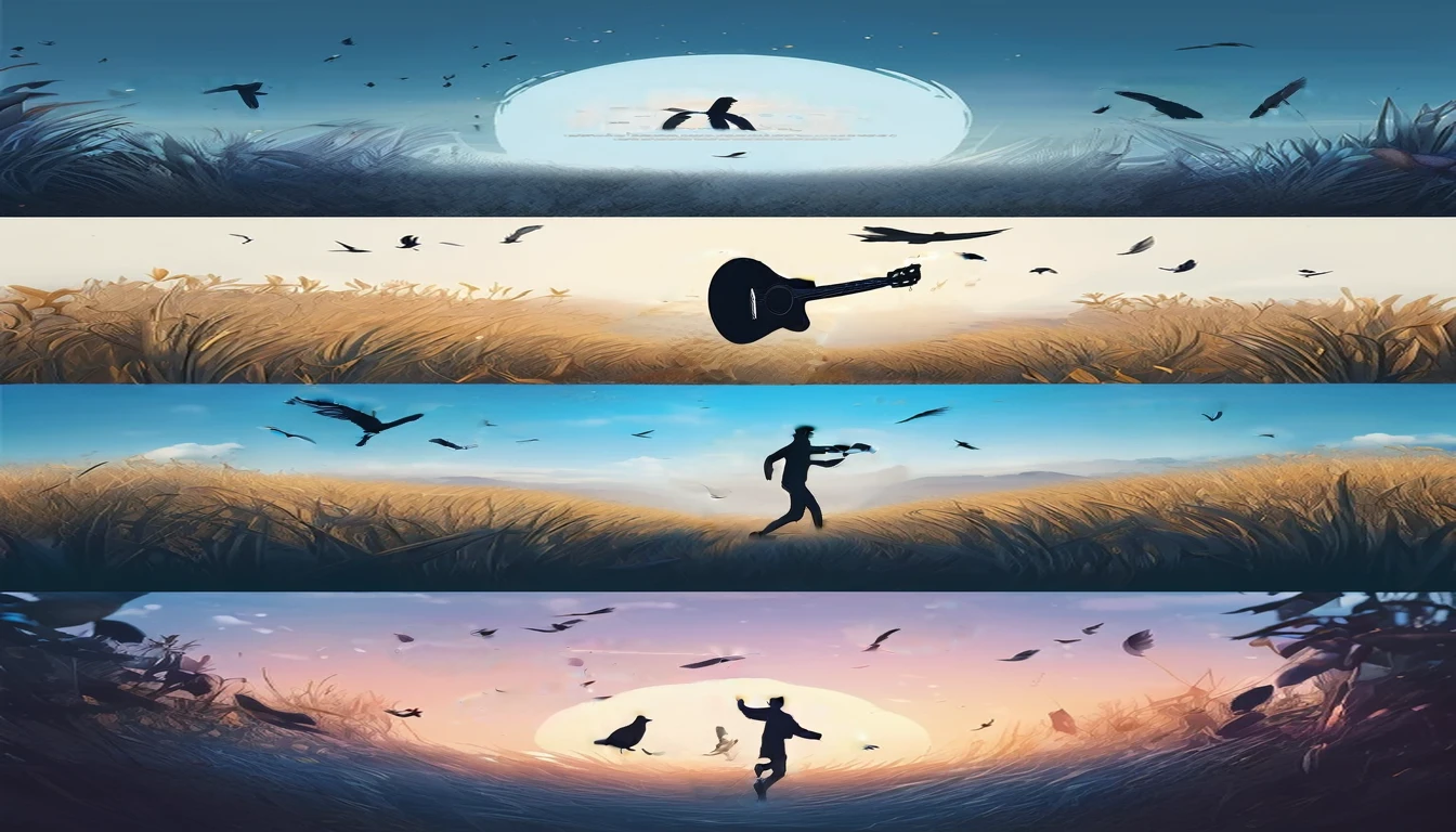 Create a professional, fantastic, cinematic Youtube Banner for a brand about music and stories called " Penamemoria". Masterpiece, 4k, sharp focus, highest quality,wide shot. Imagine a half a feather, half a fantasy boy. The title is " Penamemoria". Is a brand about the creative, unique journey of a boy into becoming a musician storyteller. In his journey he finds inspiration in a world of birds and feathers. Minimalistic, simple, poetic, dreamy logotype at the center of the image. The Background image is a world full of fantastic feathers, unique birds, light blue sky, and a boy running happily into the horizon with an acoustic guitar in his right hand. Boy running against the wind, almost simulating like he is flying