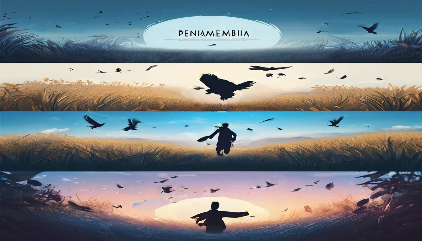 Create a professional, fantastic, cinematic Youtube Banner for a brand about music and stories called " Penamemoria". Masterpiece, 4k, sharp focus, highest quality,wide shot. Imagine a half a feather, half a fantasy boy. The title is " Penamemoria". Is a brand about the creative, unique journey of a boy into becoming a musician storyteller. In his journey he finds inspiration in a world of birds and feathers. Minimalistic, simple, poetic, dreamy logotype at the center of the image. The Background image is a world full of fantastic feathers, unique birds, light blue sky, and a boy running happily into the horizon with an acoustic guitar in his right hand. Boy running against the wind, almost simulating like he is flying
