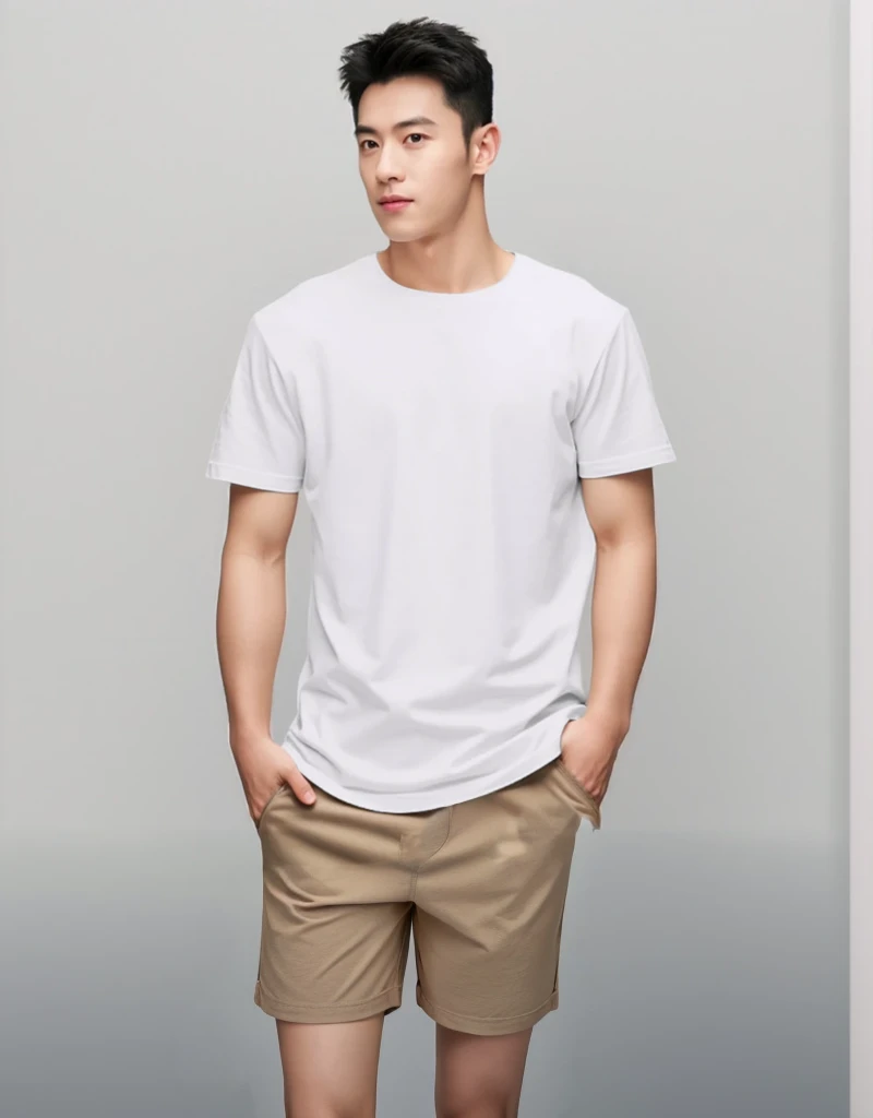 A Korean male model is wearing an oversized white t-shirt with no wrinkles on his chest and back, short sleeves, round neck, solid color, loose fit shorts. The background of the photo studio should be gray to highlight details. This will create a simple yet elegant look that perfectly blends comfort and style in everyday wear. High resolution photography
