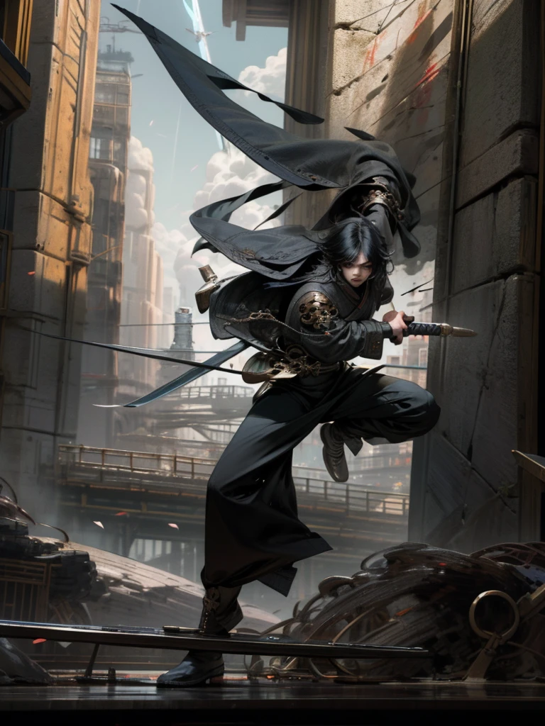cityscape, beautiful detailed sky, boots, holding sword, fighting_stance, black hair, medium hair, male, science_fiction, cityscape, masterpiece,best quality,official art,extremely detailed CG unity 8k wallpaper, In a sci-fi style city, a Chinese swordsman,Black Fragmented Hair,stands on the rooftop of a tall building,wielding a black straight sword,dressed in modern black clothing, gazing at,mechas,terrifying monsters with flesh and blood,soaring in the clouds,leaving the world in ruins
Behind the scenes perspective
(painting),(illustration),{beat quality}