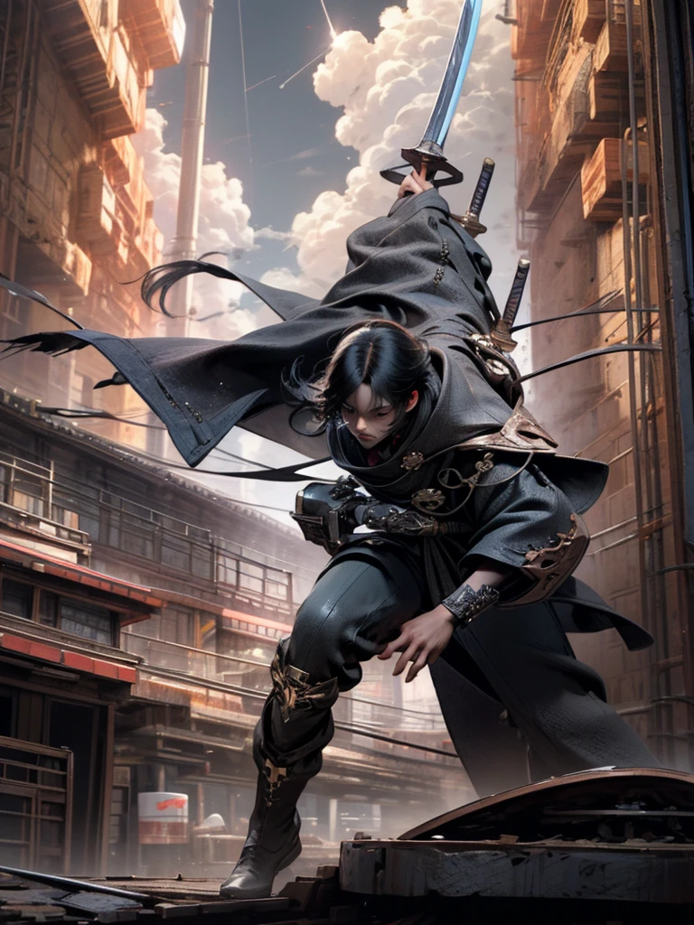 cityscape, beautiful detailed sky, boots, holding sword, fighting_stance, black hair, medium hair, male, science_fiction, cityscape, masterpiece,best quality,official art,extremely detailed CG unity 8k wallpaper, In a sci-fi style city, a Chinese swordsman,Black Fragmented Hair,stands on the rooftop of a tall building,wielding a black straight sword,dressed in modern black clothing, gazing at,mechas,terrifying monsters with flesh and blood,soaring in the clouds,leaving the world in ruins
Behind the scenes perspective
(painting),(illustration),{beat quality}