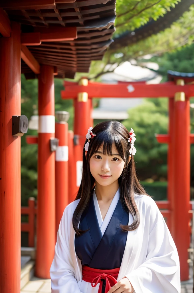 Red hakama, red Japanese style pants, Main hall of the shrine, Shrine maiden, ((full body)), ((photo)), ((best qualtiy, 8K, tmasterpiece: 1.3)), Focus: 1.2, perfect figure beautiful girl: 1.4, 1girl, cowboy shot, look at viewer, incredibly absurd, beautiful and cute girl with a photorealistic face, showcasing top-quality craftsmanship, Japanese girl sweeping the garden at the shrine, 17 years old, Her hair is half-up with smooth curls, glossy jet black long hair, Gentle features, Big deep brown eyes, Small face, Fair skin, Translucent, Smooth and silky skin, Natural eyebrow shape, Thin lips, Soft smile,, delicate, Well-balanced proportions, B cup small breasts, Simple and elegant shrine maiden costume, White robe and red hakama,, Beautiful girl, Clean, Healing, Moe, Elegant manners, kind, tolerant, humour, sincere, deep faith, January