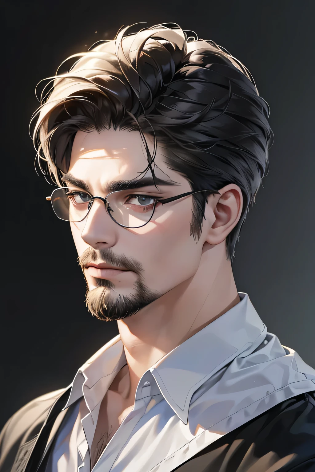 (Best quality,4K,8K,a high resolution,masterpiece:1.2),ultra detailed,(realistic,photorealistic,photo-realistic:1.37),39 year old man,3 day beard,Beautiful anime,portraits,strong,masculine,dark hair,Sharp jawline,Mesmerizing eyes,Perfectly styled hair,cool anime outfit,confident expression,bright colors,dynamic lighting, grey eyes, (black shirt, glasses on face)