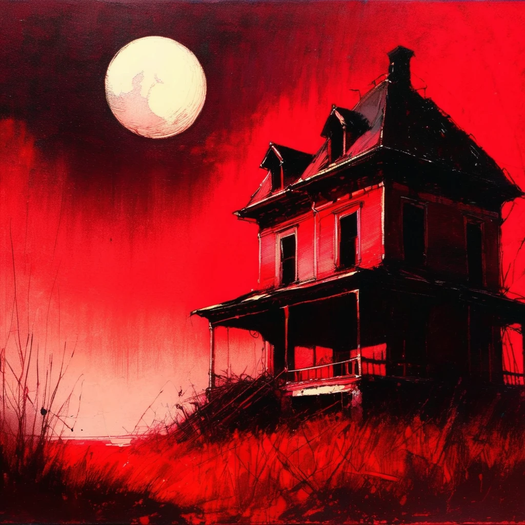 abandoned house and moon, red tones, simple drawing,(art inspired by Bill Sienkiewicz,). oil painting)