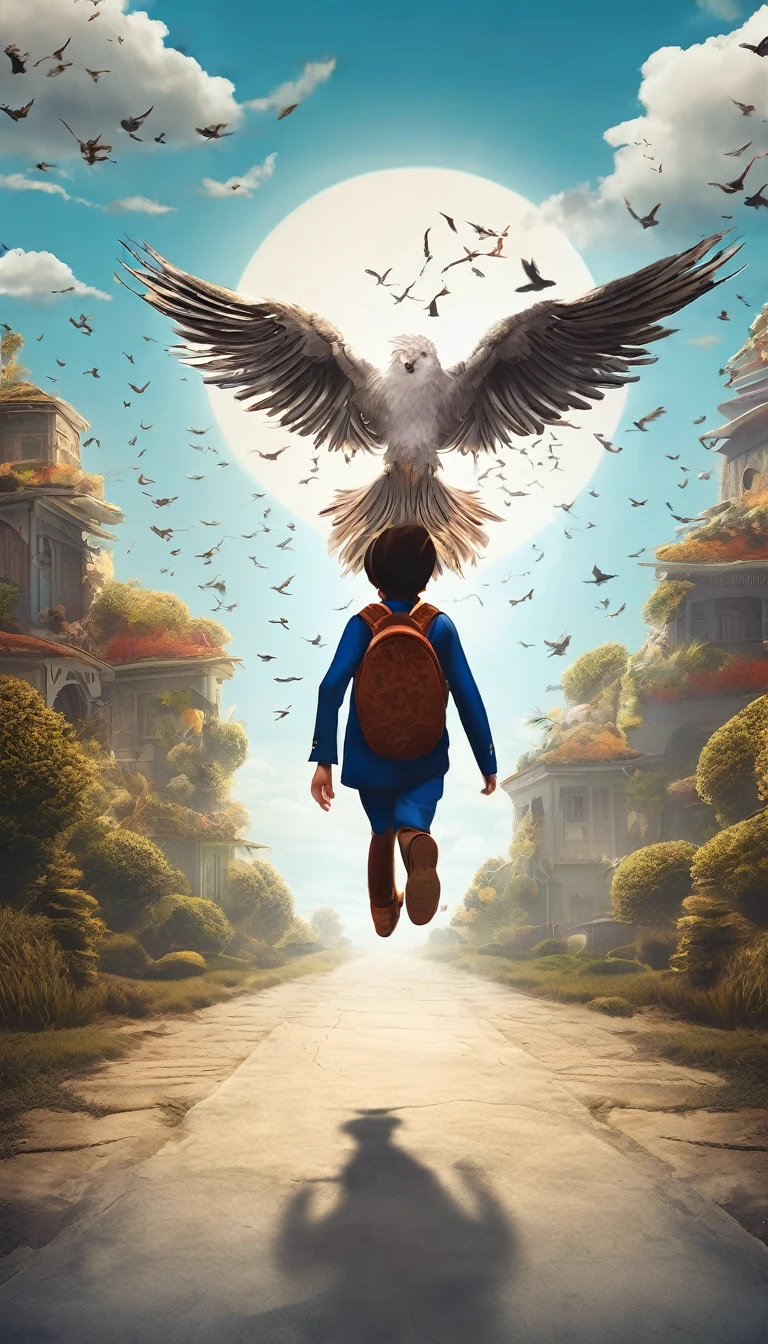 Create a professional, fantastic, cinematic Youtube Banner for a brand about music and stories called " Penamemoria". Masterpiece, 4k, sharp focus, highest quality,wide shot. Imagine a half a feather, half a fantasy boy. The title is " Penamemoria". Is a brand about the creative, unique journey of a boy into becoming a musician storyteller. In his journey he finds inspiration in a world of birds and feathers. Minimalistic, simple, poetic, dreamy logotype at the center of the image. The Background image is a world full of fantastic feathers, unique birds, light blue sky, and a boy running happily into the horizon with an acoustic guitar in his right hand. Boy running against the wind, almost simulating like he is flying