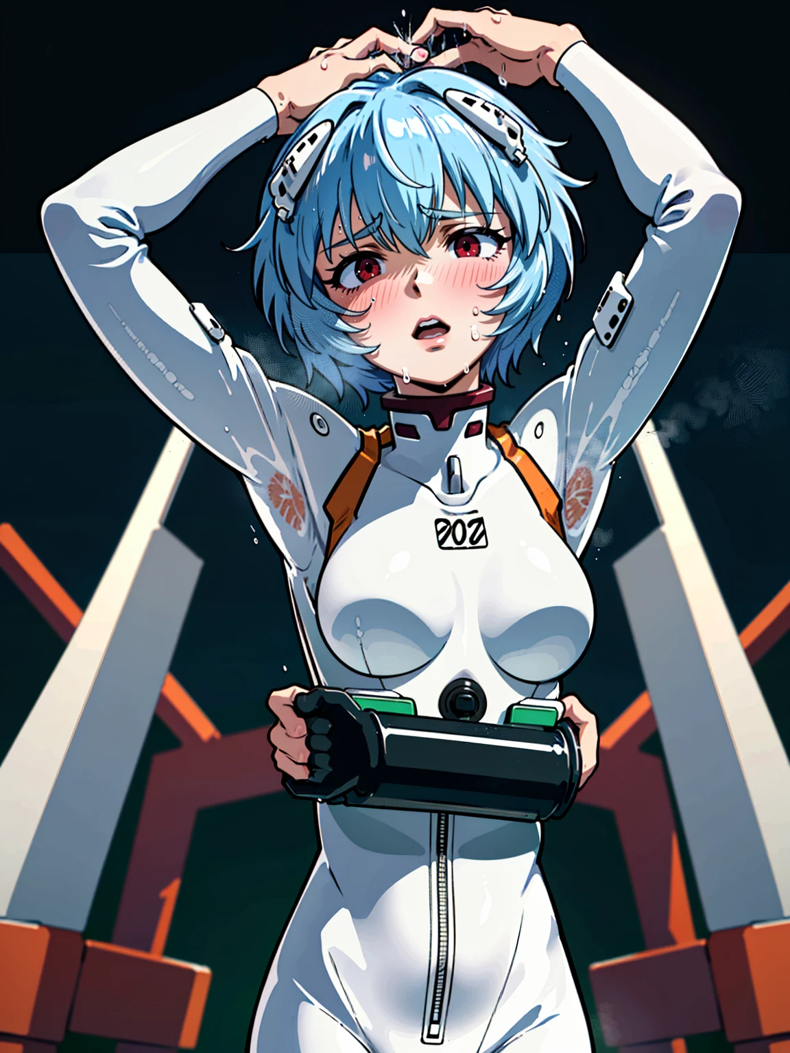 ((highest quality, 8k wallpaper)),(masterpiece, highest quality),Very detailed,High resolution,(Official Art:1.3),(((Anime screenshots,Black outline))),One girl,alone, Break mer1,(Rei Ayanami {Neon Genesis Evangelion,}1.2),masterpiece, best quality, outdoor, 1girl, Solo,red eyes,short hair,blue hair, (White plug suit:1.4), skin tight,(Tired look, A look of regret, Struggled, Half-closed eyes, fear, humiliation, Frightened, anxiety:1.3),(((Covered in sweat, Mass sweat, Sweating profusely,steam:1.7))), (wariza, hanging arms, tied arms on the head, Look Up, Arched back, Leaning back:1.8), (Dirty Costume with mud,gym storeroom:1.5)(((sweat,sweatdrop,flying sweatdrops, sweating profusely,wet,wet clothes,wet hair,messy hair))),(upper body:1.6),
