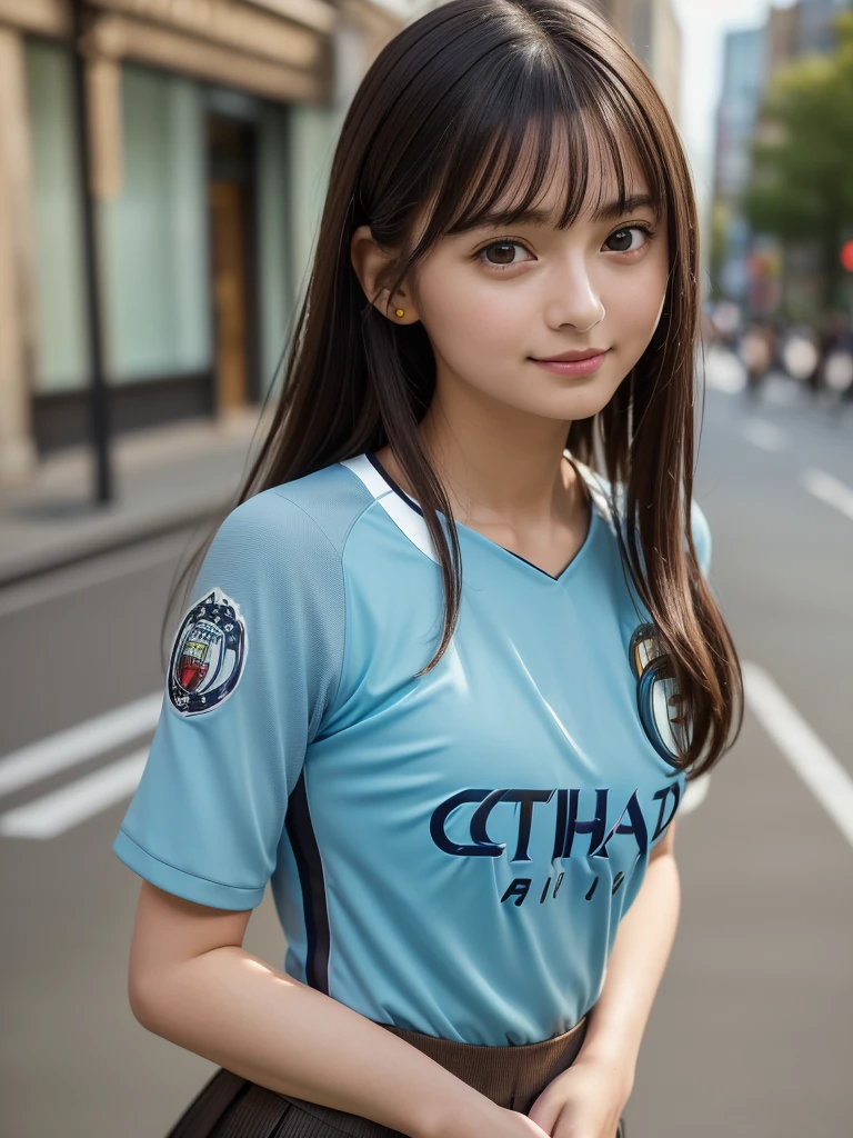 (8k, RAW Photos, highest quality, masterpiece:1.2), (Realistic, photo-Realistic:1.4), (Highly detailed 8k wallpaper), ((Full Body Shot)), (1 girl), Sharp focus, Depth of written boundary, Cinematic lighting, Soft Light, 緻密な美しさのeye, eye_Chan, Very beautiful 17 year old girl, innocent big eyes, Realistic, photo Realistic, Highly detailed cute girl, (Thin thighs), (Model Body Type), (((manchester city soccer jersey))), ((Micro Mini Pleated Skirt)), (((Fold your arms in front of your chest and act arrogantly))), ((A happy smile)), Parted lips, Watching the audience, (On the streets of Britain) , (Brown Hair),(Long Bob Hair), (Asymmetrical bangs)