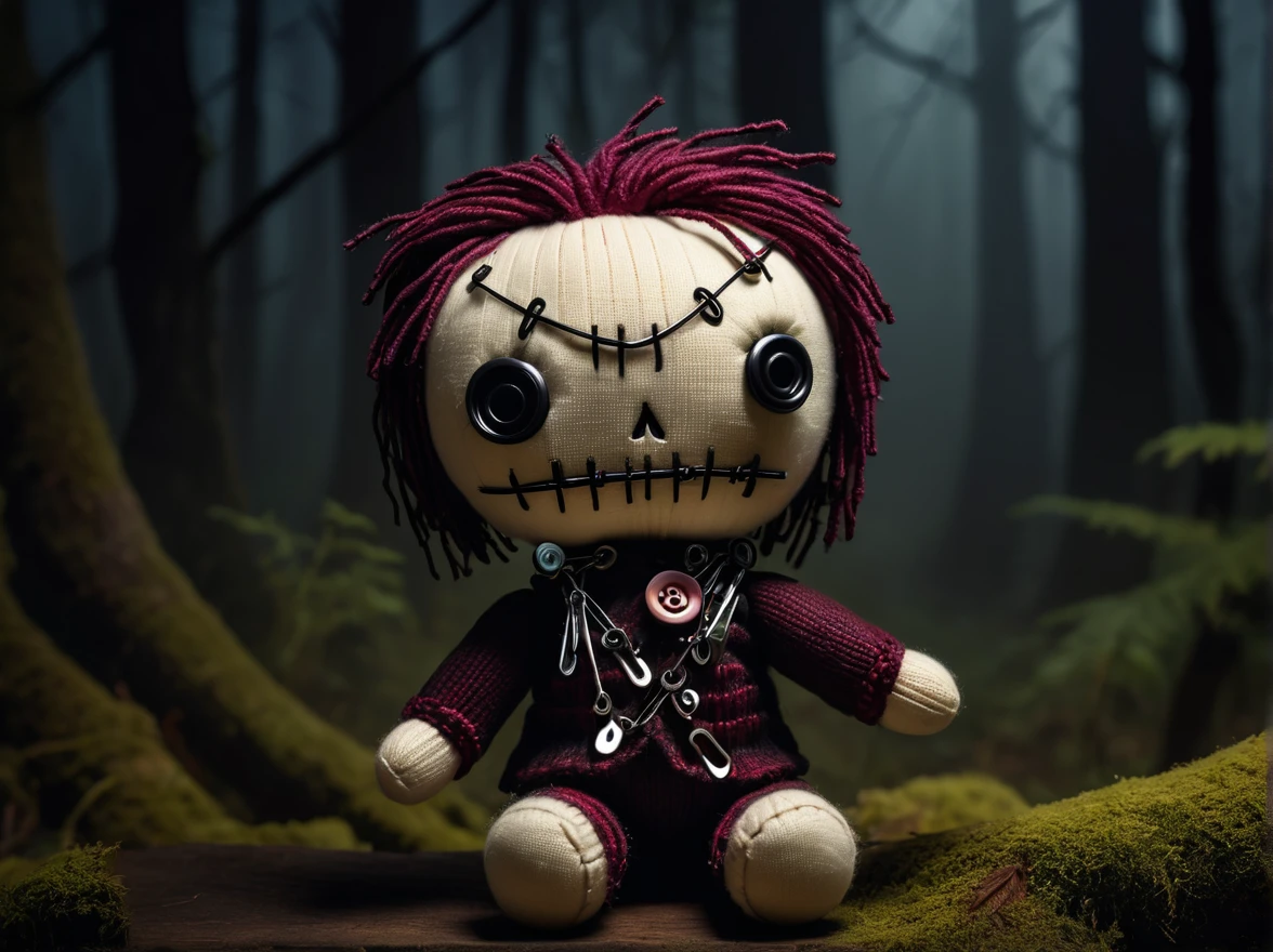 (knitted toy voodoo doll: 1.2), (Voodoo has safety pins sticking out: 1.9), triangle button eyes, dark atmosphere, background - dark, ominous forest with fog, gothic aesthetics, a sense of mystery and magic, best quality, masterpiece, soft oil painting, detailed background, dramatic cinematic lighting, soft edge lighting, professional, dramatic lighting, hard edge lighting, ultra quality, 4k, masterpiece, best quality, 8k, super high definition, high definition, extremely detailed