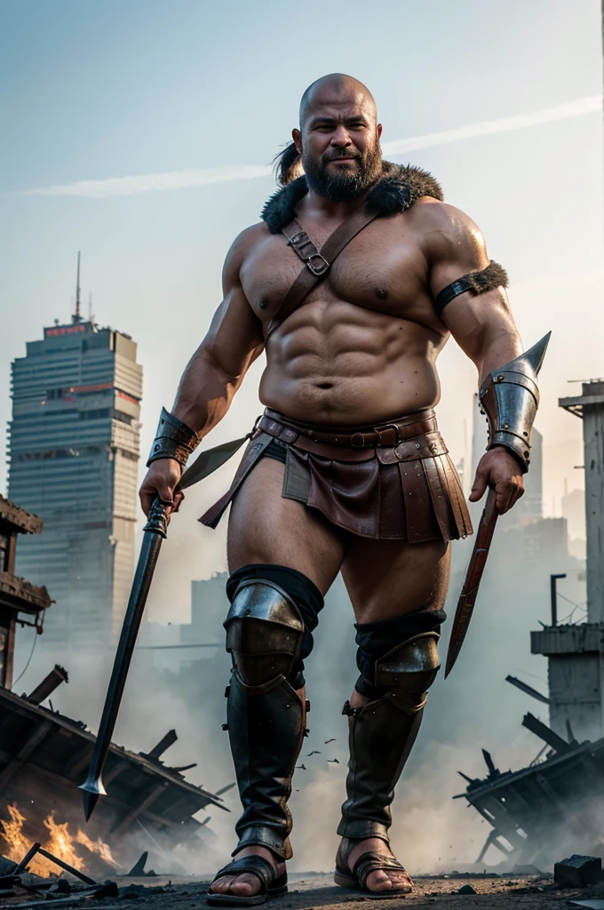 looking at us, shoot from front, face focus, Bandit, Fat ferocious barbarian:2, This barbarian is a robust stocky Japanese, smirking, mid combat, intense battle scene, leather and iron armor, armored short skirt, holding a Viking War Axes, viking helmet, legs exposed from thighs to feet, fierce warriors, ancient battlefields, epic showdown, battleground background, masterpiece, volumetric lighting, Dramatic, Uighur the Warden, breathtaking action, dynamic poses, bald, ((ultra sharp)), ((masterpiece)), ((best quality)), ((ultra detailed)), ((intricate details)), Inguinal region detailed, Dilapidated, breathtaking action, destroyed city after big air raids, fire, A desolate, post-apocalyptic cityscape, A brutal scene, lets out a yell, casting an ominous shadow,