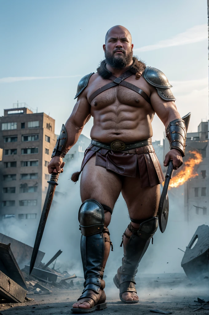 looking at us, shoot from front, face focus, Bandit, Fat ferocious barbarian:2, This barbarian is a robust stocky Japanese, smirking, mid combat, intense battle scene, leather and iron armor, armored short skirt, holding a Viking War Axes, viking helmet, legs exposed from thighs to feet, fierce warriors, ancient battlefields, epic showdown, battleground background, masterpiece, volumetric lighting, Dramatic, Uighur the Warden, breathtaking action, dynamic poses, bald, ((ultra sharp)), ((masterpiece)), ((best quality)), ((ultra detailed)), ((intricate details)), Inguinal region detailed, Dilapidated, breathtaking action, destroyed city after big air raids, fire, A desolate, post-apocalyptic cityscape, A brutal scene, lets out a yell, casting an ominous shadow,