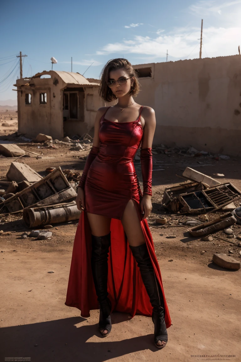 19 year old woman, piel oscura, pelo corto y rizado hasta los hombros, vestida con un minivestido rojo, Traje de discoteca, Apocalyptic wasteland, day time, buena iluminacion, desierto, cascos oxidados