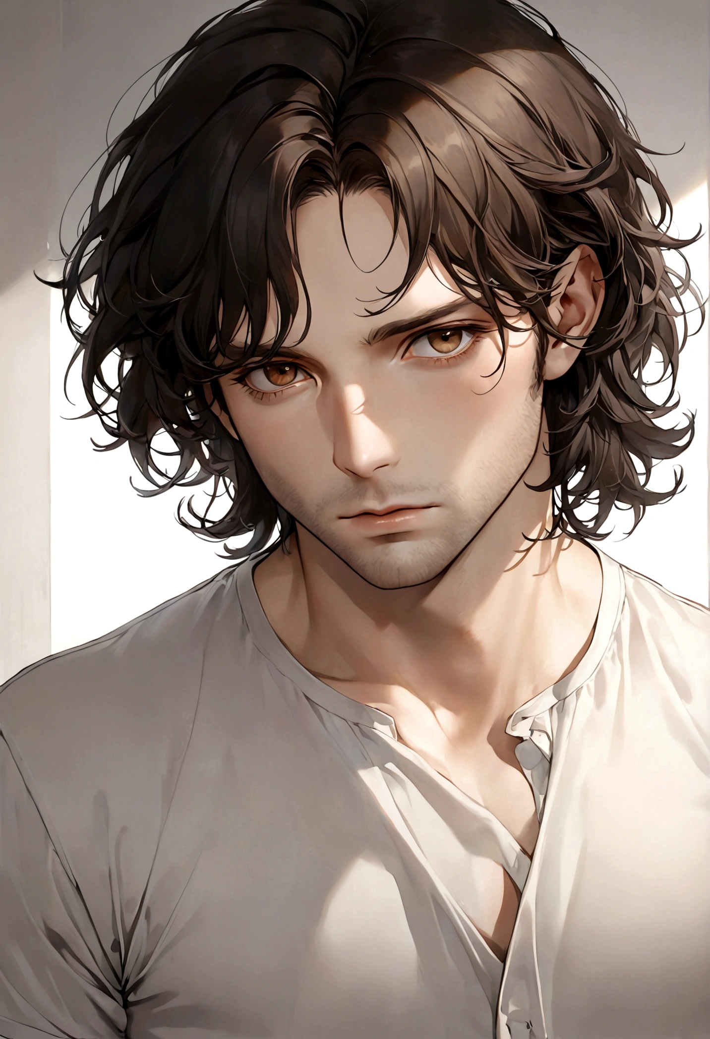 (traje de etiqueta para hombre), ), ((estilo de barba, Barba de ancla)), (light brown eyes), Aspecto atractivo y serio, cabello largo oscuro, messy hair, Elegante y con estilo, Camiseta de cuerpo fuerte , Un hombre similar al actor Jim Morrison, (Imagen realista y de alta calidad), Apartamento escandinavo en el fondo simple de un cuarto, ((La mejor calidad, 8K, obra maestra).((pose dinamica))