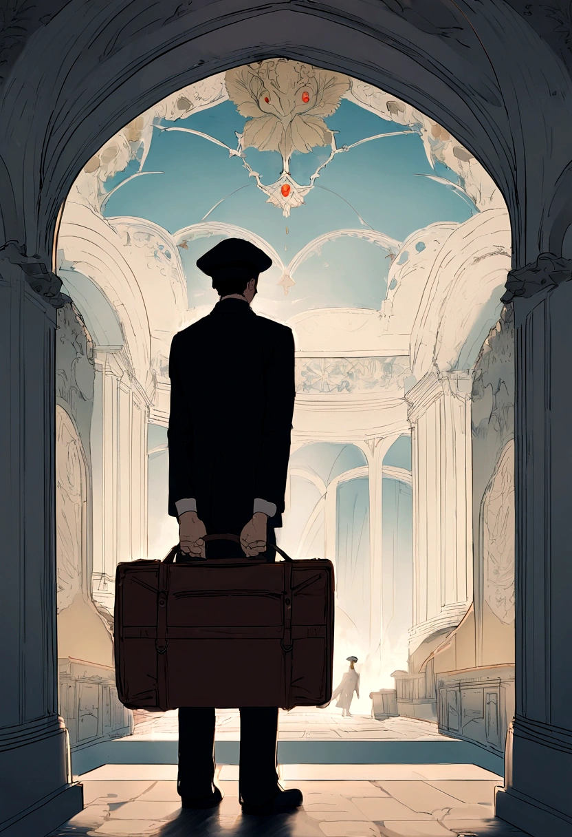 The male student carrying a bag walked forward,Back Shadow,Lazily tugging at the suitcase in his hand,Winters,A hat on his head,In the distance is a tall school,Pubic area is clear,Strong sense of painting,,,