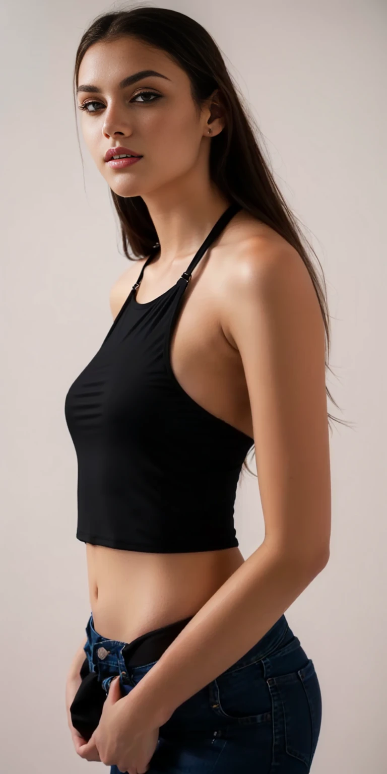 a close up of a woman in a blusa preta and jeans, black halter top, halter neck, wearing a cropped Camiseta preta, halter top, vestindo uma regata preta cortada, halter top, blusa preta, regata preta apertada, she is wearing a Camiseta preta, Camiseta preta, usando um top cropped sexy, black bra, corte superior, corte superior