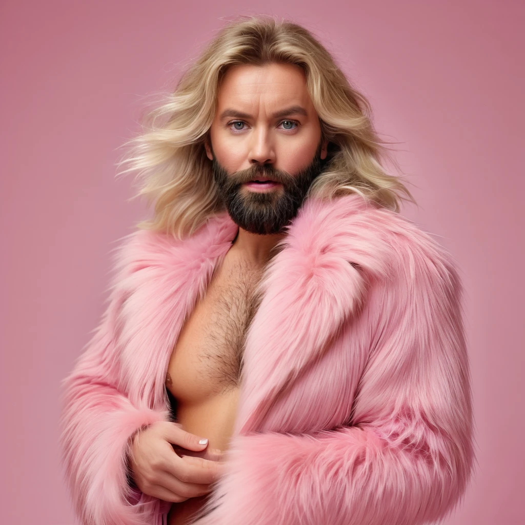 shaggy bearded woman hairy all over, blond hair, hair on chest and hands, pink fur coat