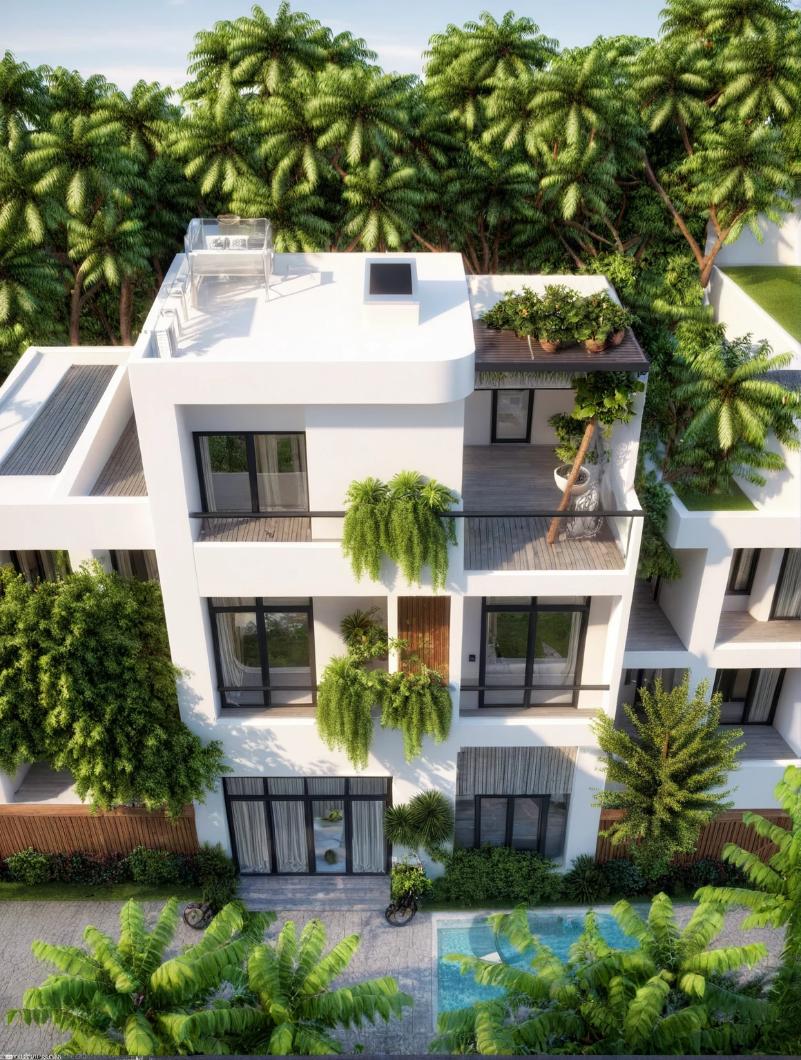 modern villa, modern style, exterior design, perspective view, white wall, (block sidewalks and asphalt roads), (next door neighbor's house), (sun light sky background), Low trees around the house, overall peaceful atmosphere cinematic photo, (Neutral lighting is suitable for the modern villa, light color thermometer sun light 5500 KEVIN), (architectural design visualization), (reflection), (focus on object), (material normal bump real reflection), (scattered light), (light ray), (multi-beam light), (sunbeam) (multi-level reflection), (chao vantge software visualization render),(((Best Quality))), ((Masterpiece)), ((best illustration)), ((best shadows)), ((Super Detail)), (Intricate lines), (Photorealism),(hyper detail), ((archdaily)), ((award winning design)), (dynamic light), ((day)), (perfect light), (shimering light), ((photorealistic)), ((intricate detail)), ((extreme detail)), ((science)), ((hyper-detail)), ((super detail)), ((super reality)), ((crazy detail)), ((octane render)), ((Cinematic)), ((trending on artstation)), ((High-fidelity)), ((Viwvid)), ((Crisp)), ((Bright)), ((Stunning)), ((Eye-catching)), ((High-quality)),((Sharp))((Bright)), ((Stunning)), Natural, ((Eye-catching)), ((Illuminating)), ((Flawless)), ((High-quality)),((Sharp edge render)), ((medium soft lighting)), ((photographic render)), ((detailed archviz)), Sunlight shines into the house, reality environment, spring setting, tropical style space, Aluminum gates, balcony doors, modern townhouse design windows