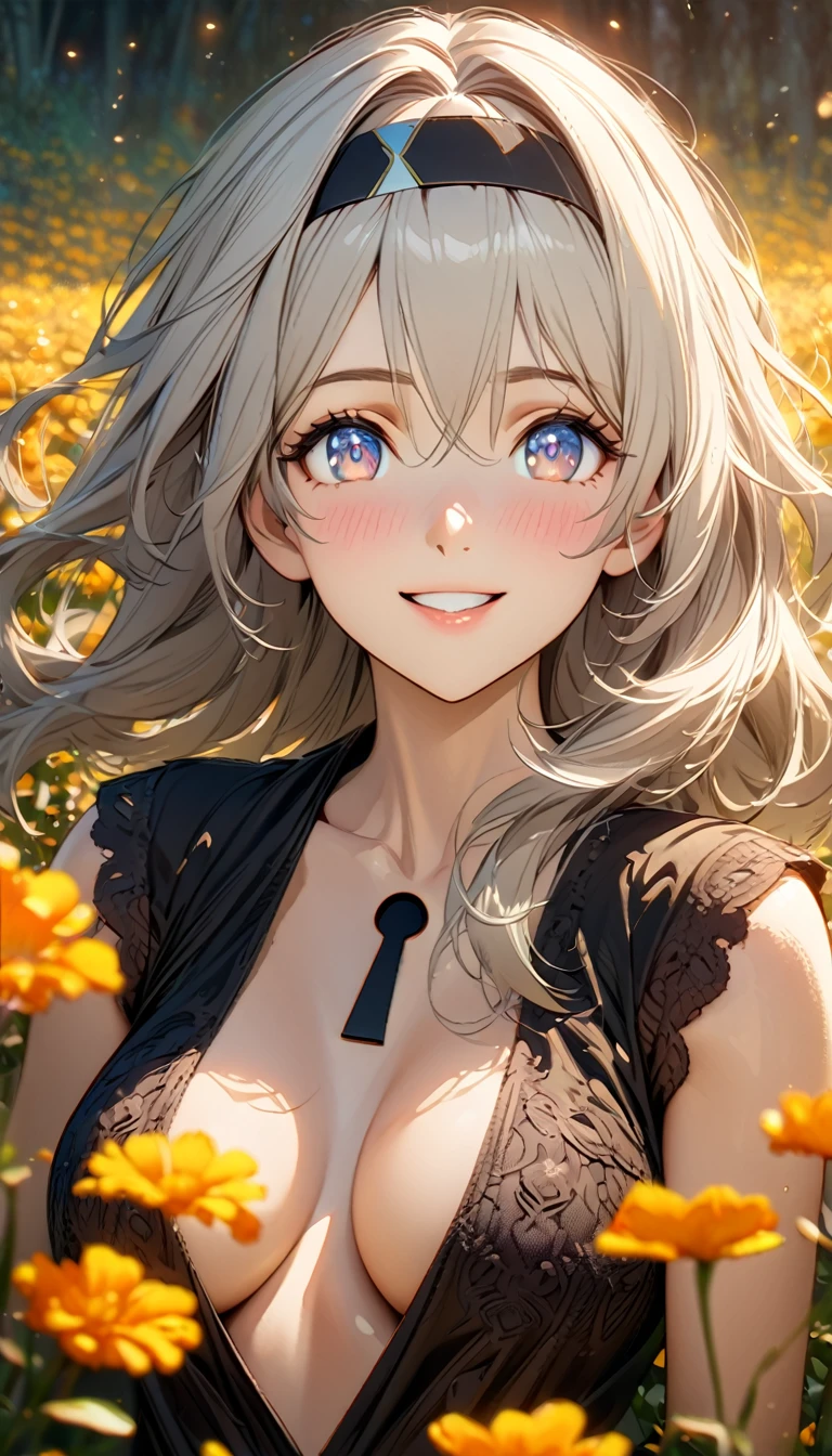 beautiful girl, long grey hair, beautiful face,smiling,close up to hips, beautiful breast, in the middle of flowers field, (open mouth:0.4),illustration,detailed textures(realists),ultra-detailed,portrait style,vivid colors,soft lighting, blushing, mature, hair fluttering, evening light , head band, keyhole cleavages , no bras
