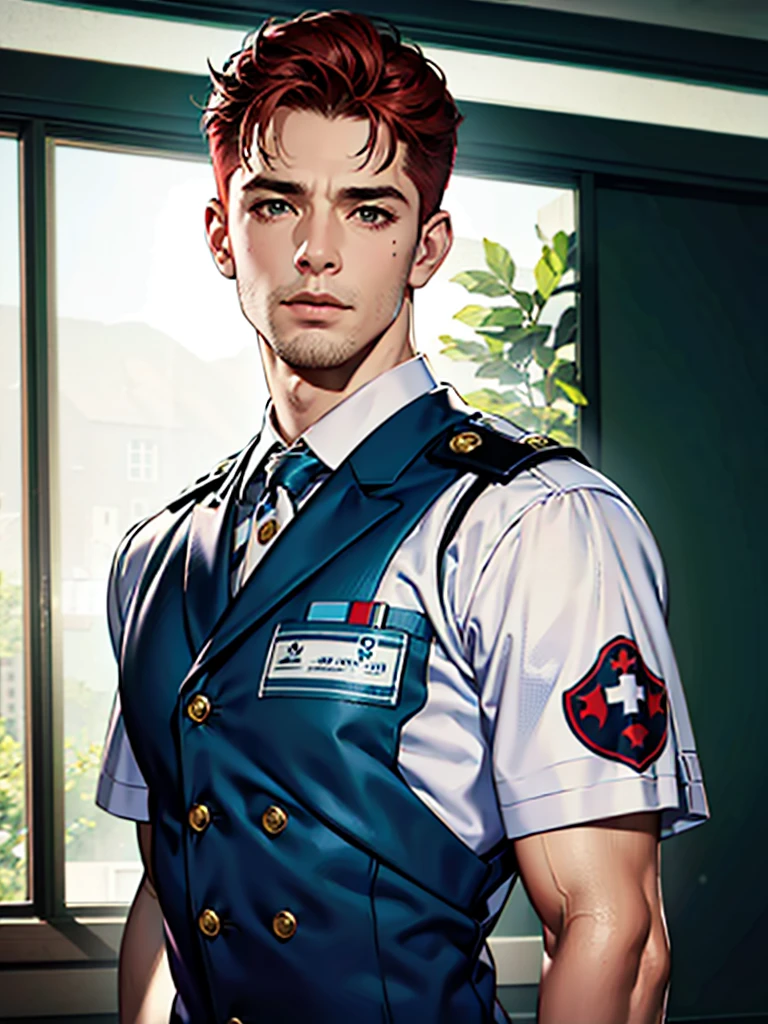 a 35 year old man ((red short hair)), grey eyes, moles all over the body, wearing an official uniform, portrayal of masculinity, teacher, medic, (best quality,4k,8k,highres,masterpiece:1.2),ultra-detailed,(realistic,photorealistic,photo-realistic:1.37),cinematic lighting,highly detailed face and body,sharp focus,vivid colors, anime style