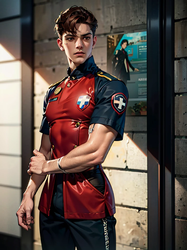 A tall muscular boy , Naked , Legs spread , ,(The whole body of the character),impact , Sweaty , Wet , Seductive , Bigboobs , large bulge , big balls ,, From the knees , big assa,mechs,punky style,Wu Yifan