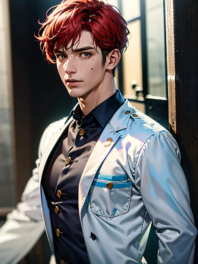 a 35 year old man ((red short hair)), grey eyes, moles all over the body, wearing an official uniform, portrayal of masculinity, teacher, medic, (best quality,4k,8k,highres,masterpiece:1.2),ultra-detailed,(realistic,photorealistic,photo-realistic:1.37),cinematic lighting,highly detailed face and body,sharp focus,vivid colors, anime style